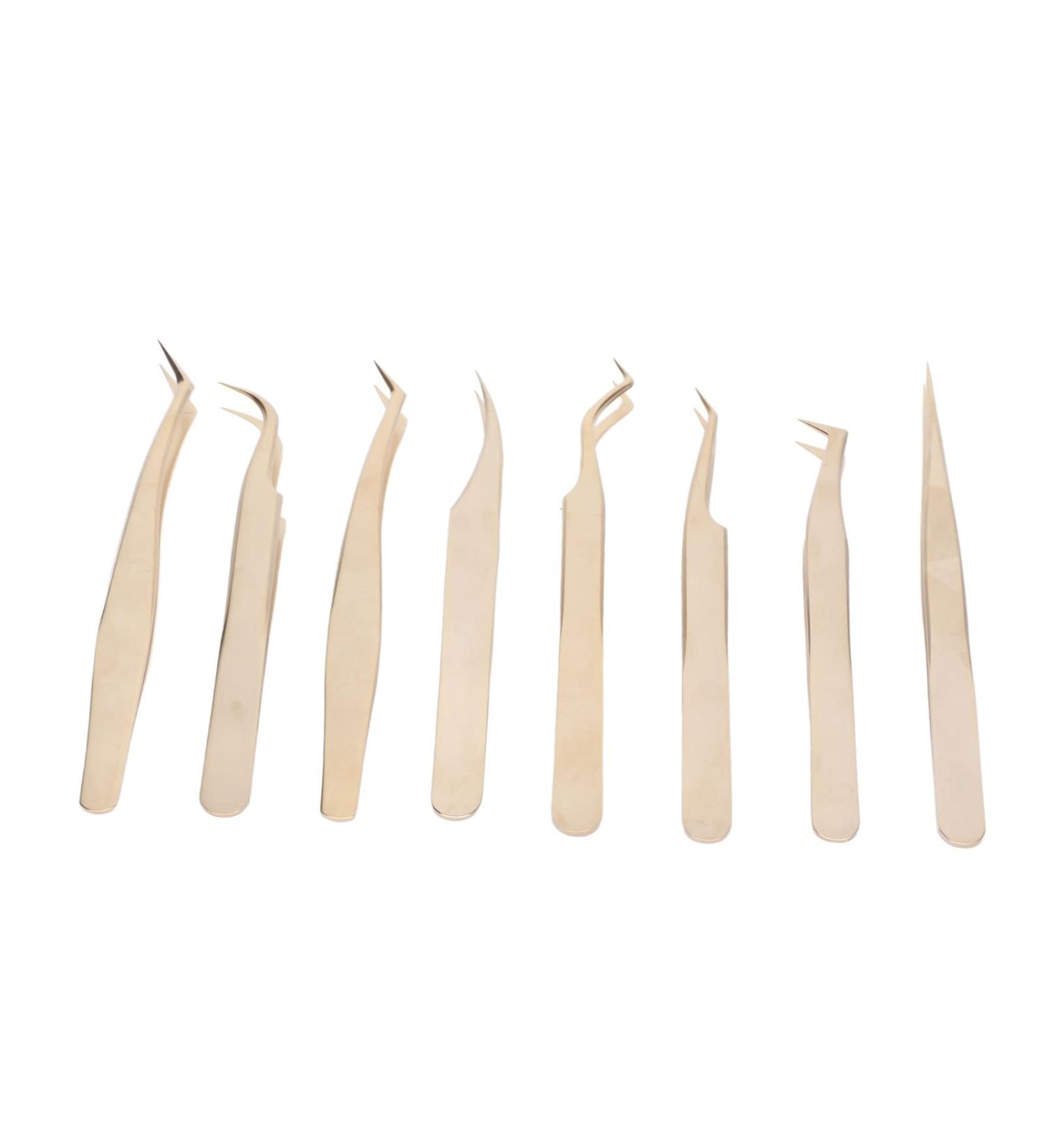 Eyelash Extension Tweezers Set - 8 Premium Stainless Steel Tools for Accurate Application | Ergonomic Design & Pearly Gold Finish - Buy Online on GoSupps.com
