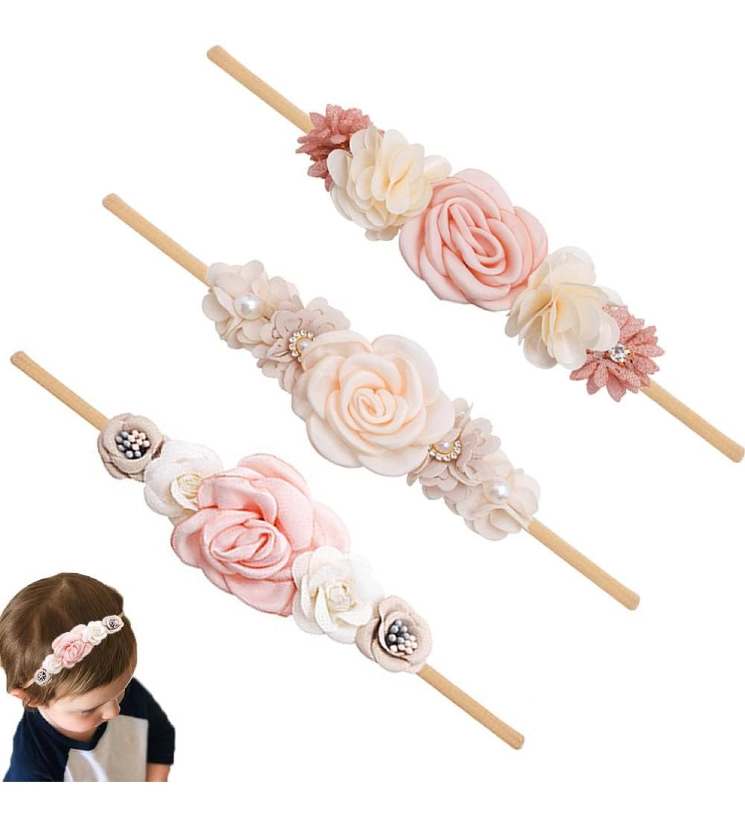3-Piece Baby Headband Set | Floral Nylon Hair Bands for Girls | Perfect for Baptism & Everyday Wear - Buy Online on GoSupps.com
