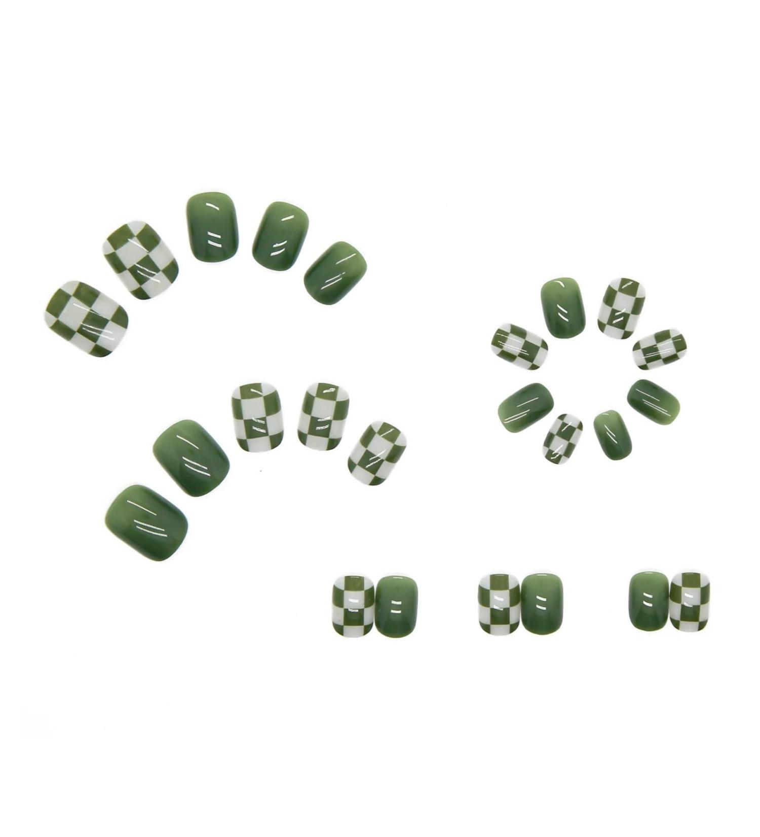 24 Pieces Removable Artificial Nails - Short Green Grilles with Flower Stickers | Stylish Square Nail Tips for Effortless Beauty - Buy Online on GoSupps.com