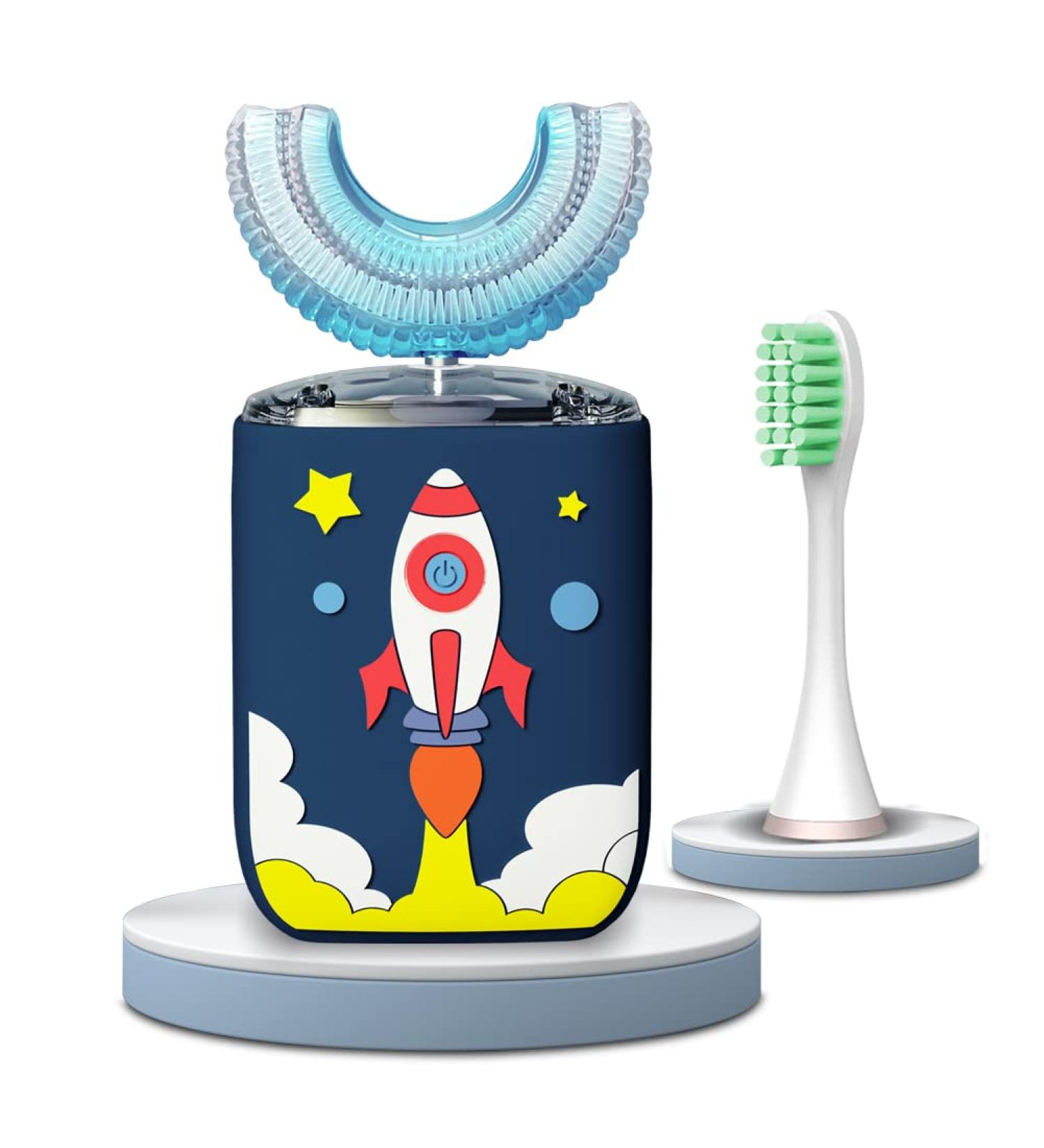 Kids Electric Toothbrush- U-Shaped Ultrasonic, 6 Sonic Clean Modes, IPX7 Waterproof, Rocket Design, Rechargeable Smart Timer Toothbrush for Children 2-6 Years - Blue - Buy Online on GoSupps.com