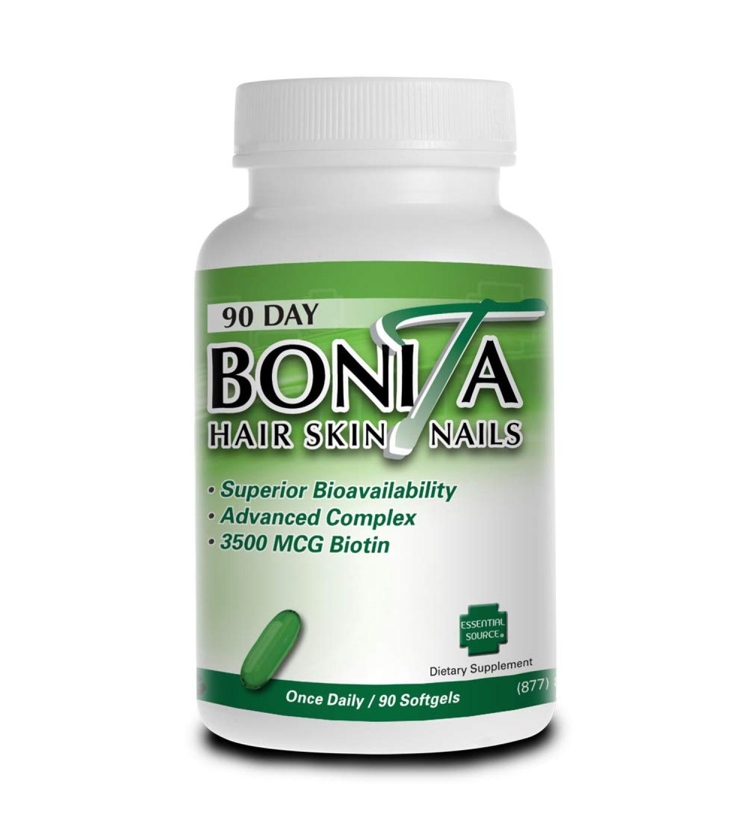 Essential Source Bonita Hair Skin and Nails Vitamins - Biotin Vitamins for Hair Skin and Nails for Women and Men with 15 Active Ingredients for Hair Growth Strong Nails Healthy Skin 90 Softgels