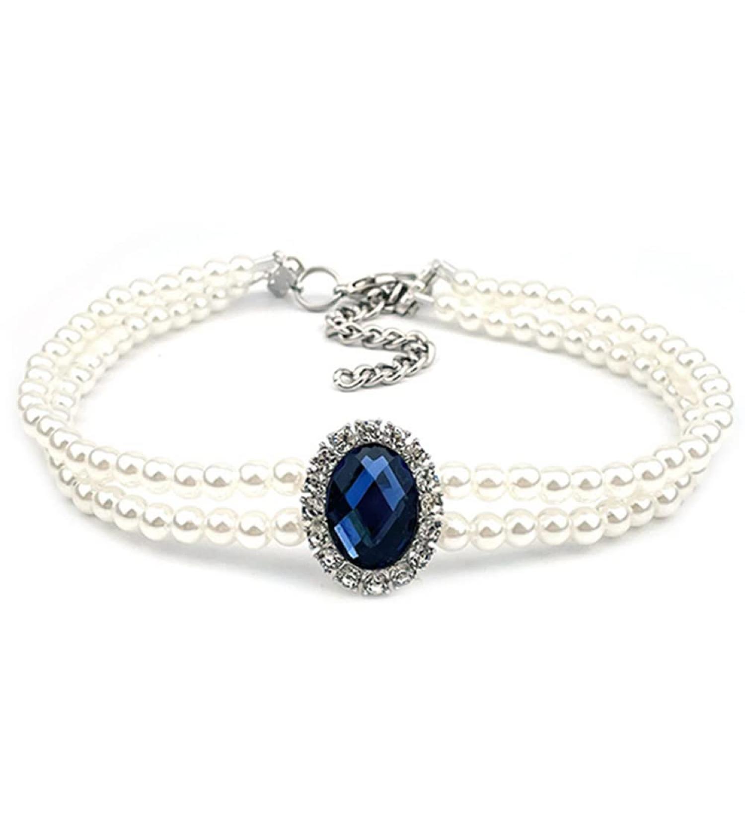 RayMinsino Pet Double Row Pearly Rhinestone Collar for Cats and Dogs Adjustable Necklace for Elegant Jeweled Dog Neck Collar Accessories XS Blue