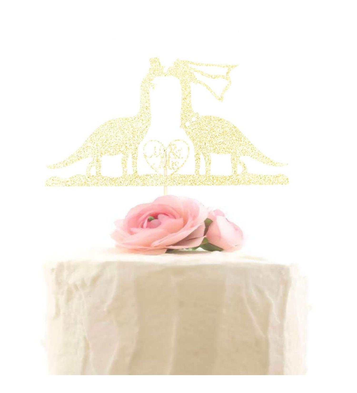 Dinosaurs Wedding Cake Topper Funny Dinosaurs Kissing Mr & Mrs Cake Decors Bride and Groom Wedding Party Decorations Gold Glitter - Buy Online on GoSupps.com