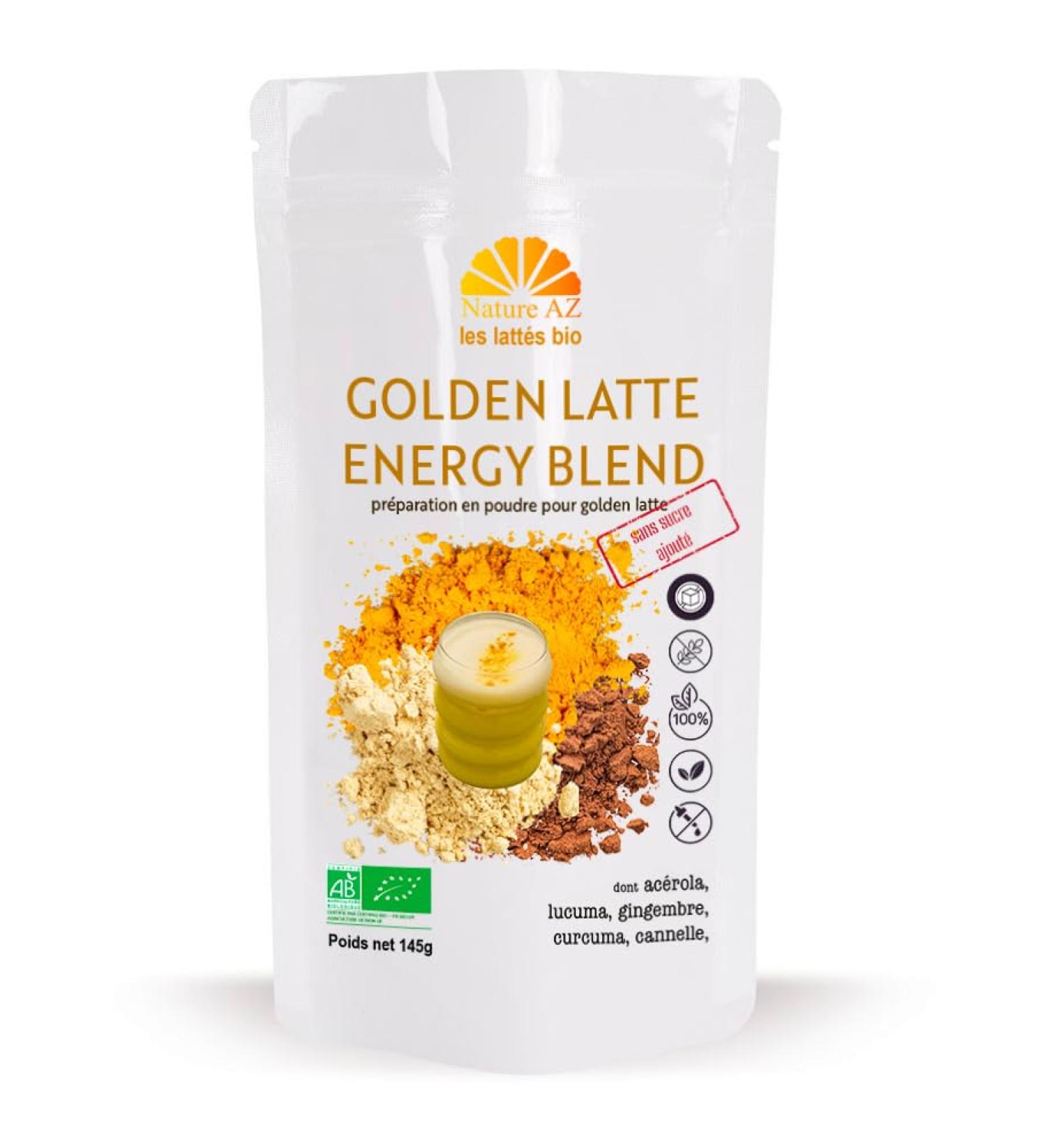 Nature AZ Golden Latte Organic Energy Blend Turmeric Ginger Acerola Lucuma No Added Sugar Low GI Maltodextrin Free Vegan & 100% Natural 145g sachet (approx. 30 servings) Made in France - Buy Online on GoSupps.com