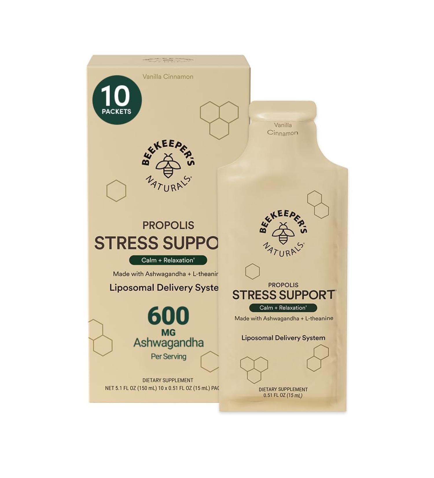 Ashwagandha Liposomal Stress Support by Beekeeper's Naturals 600mg with Propolis L-Theanine Anti-Stress Support for Calm & Relaxation 10ct 10 Count (Pack of 1) - Buy Online on GoSupps.com