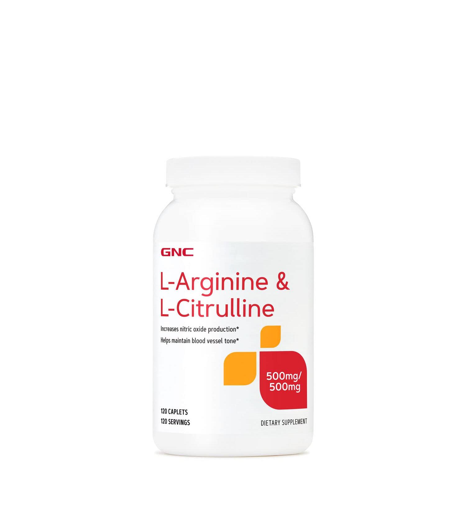 GNC L-Arginine & L-Citrulline 500mg/500mg Caplets - 120 Count, Boosts Nitric Oxide Production - Buy Online on GoSupps.com