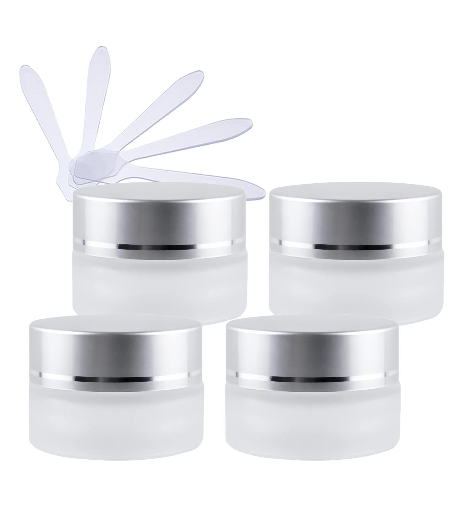 Zeoabsy 4-Piece Transparent Glass Cream Cans Set - 5ml with Silver Lid & 4 Spatulas for Cosmetics Gels & Creams | International Shipping Available - Buy Online on GoSupps.com