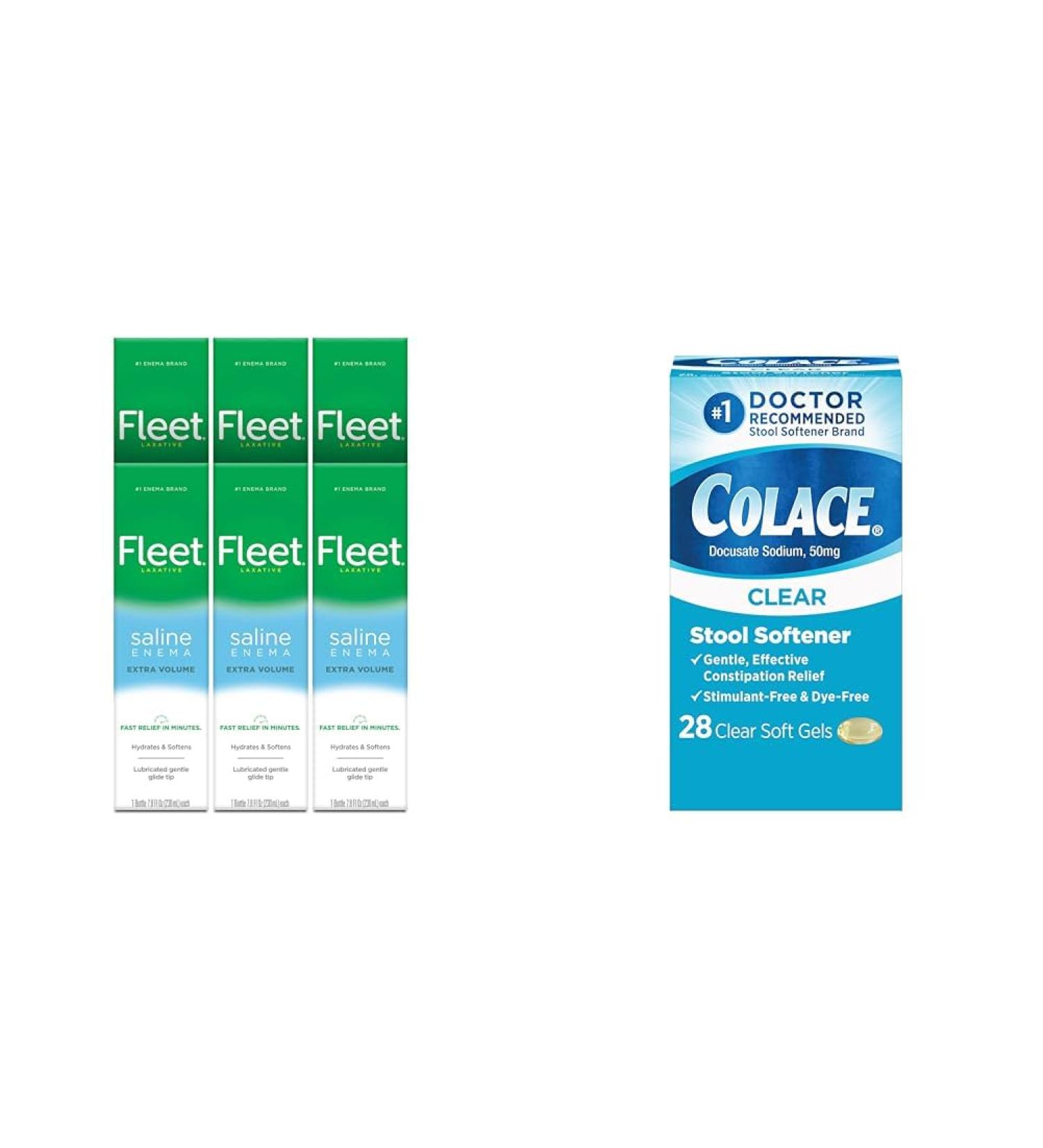 Fleet Laxative Saline Enema 7.8 Fl Oz (Pack of 6) & Colace Clear Stool Softener Soft Gel Capsules Constipation Relief 50mg Docusate Sodium Doctor Recommended 28ct Bundle - Buy Online on GoSupps.com
