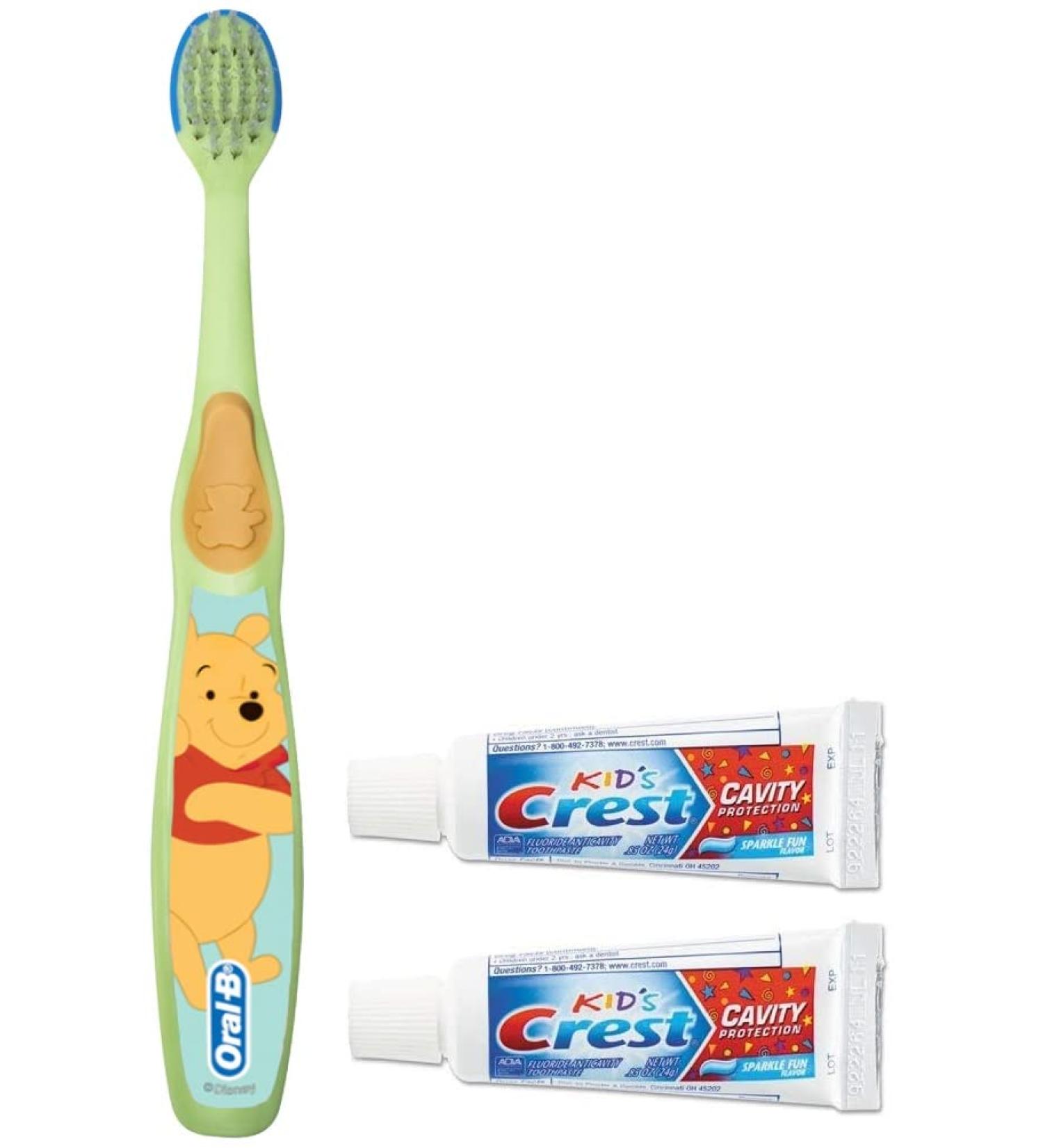 Oral-B Baby Manual Toothbrush Pooh Characters 0-3 Years + Crest Kids Cavity Protection Toothpaste Fun Size 0.85oz - 1 Count Toothbrush & 2-Pack Toothpaste - Buy Online on GoSupps.com