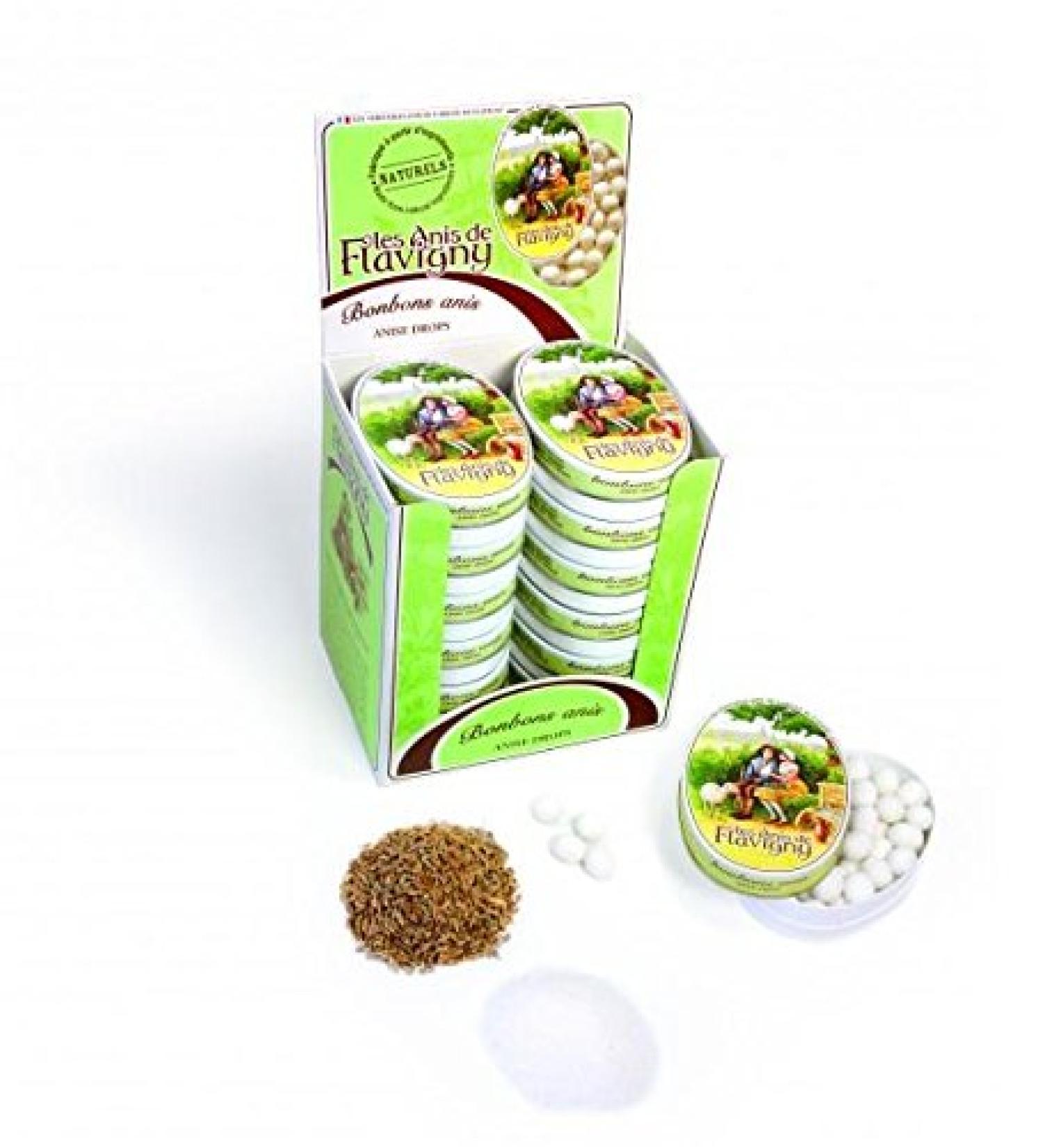 Display of 12 boxes of 50 grams of Flavigny anise