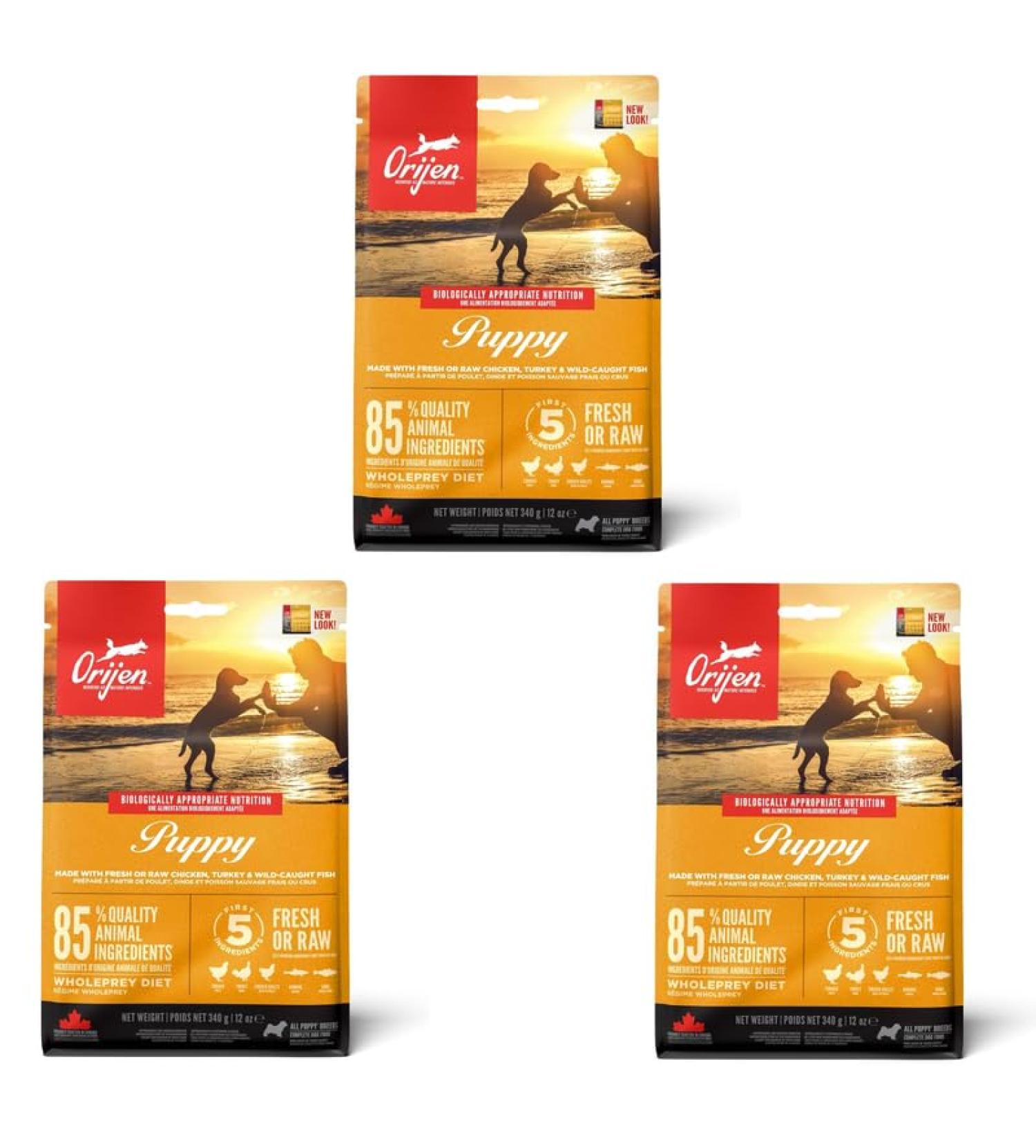 Orijen Puppy | 3 Pack | 3 x 340 g | Dry food for puppies | to support the development of puppies | with fresh or raw poultry and fish ingredients - Buy Online on GoSupps.com