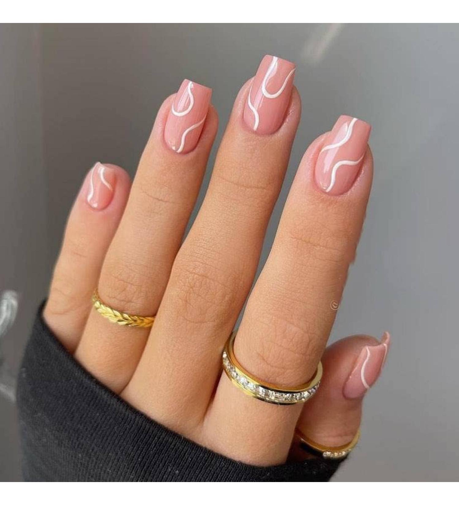 Justotry 24 Pcs White Swirl Fake Nails - Long Nude Press-On Nails with Wavy Patterns - Ballerina Stick-On Nails for Women - Acrylic Coffin False Nails with Glue - Nail Art - Buy Online on GoSupps.com