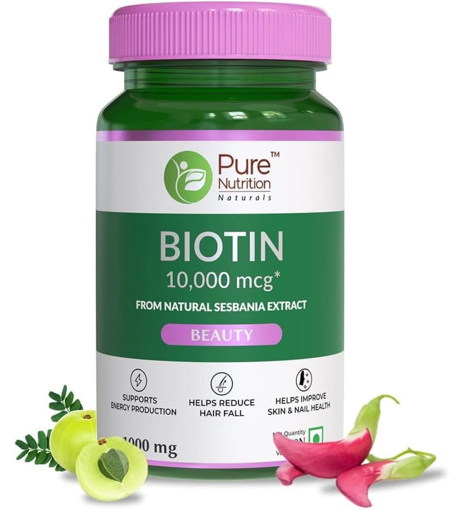 Biotin 10000 mcg from Natural Sesbania Extracts for Healthy Hair Skin & Nails | Reduce Hair Fall | Improve The Energy Level - 60 Veg Tablets - Buy Online on GoSupps.com