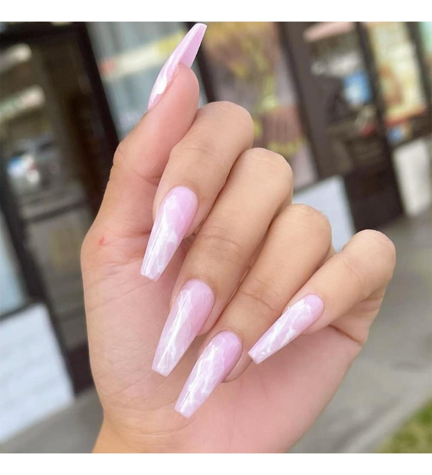Sethexy Long Coffin Glossy Press-On Nails | 24-Piece French Acrylic False Nails for Women & Girls - International Shipping Available - Buy Online on GoSupps.com