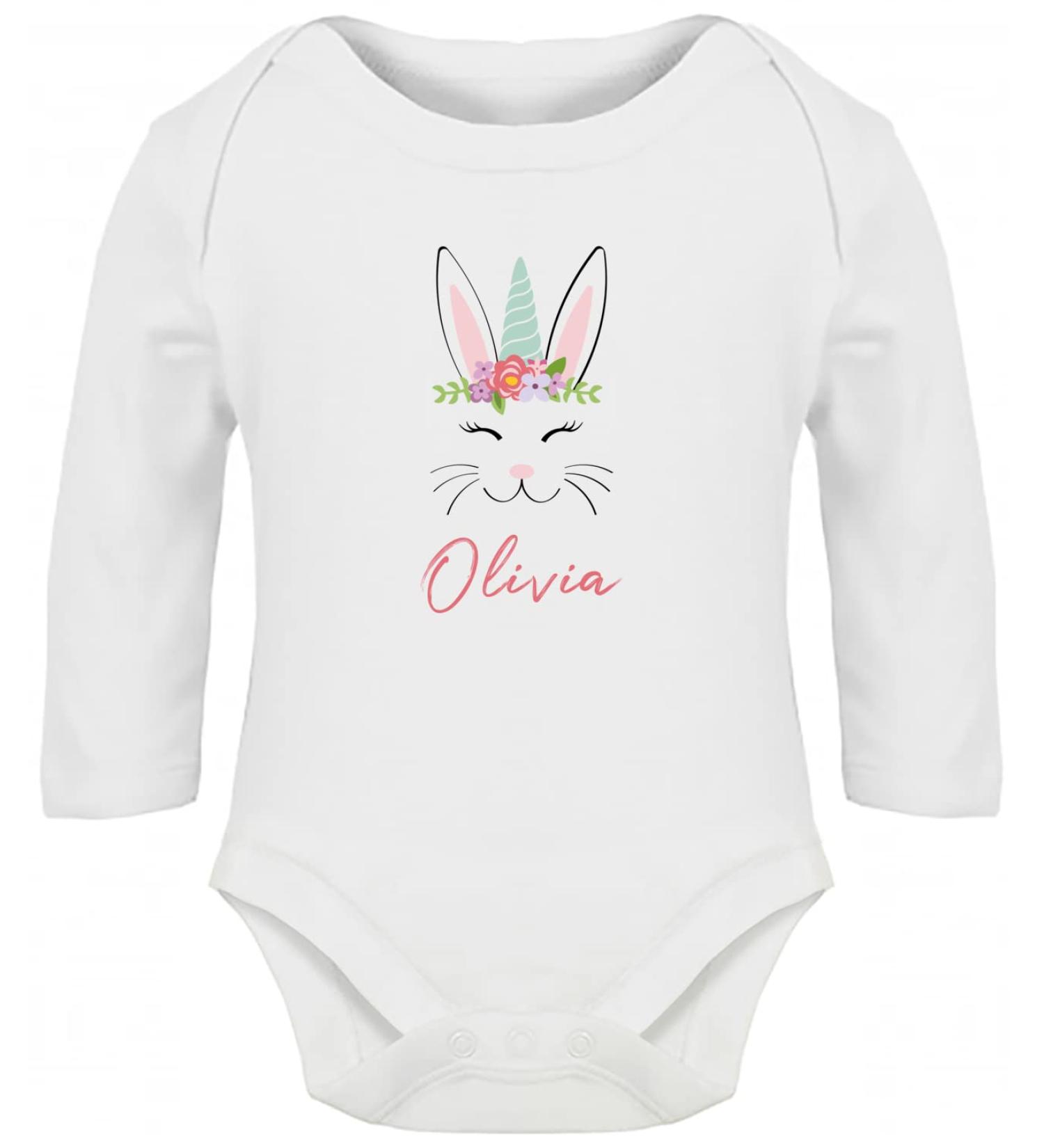 Hippowarehouse PERSONALISED unicorn Bunny Easter baby vest bodysuit (long sleeve) boys girls