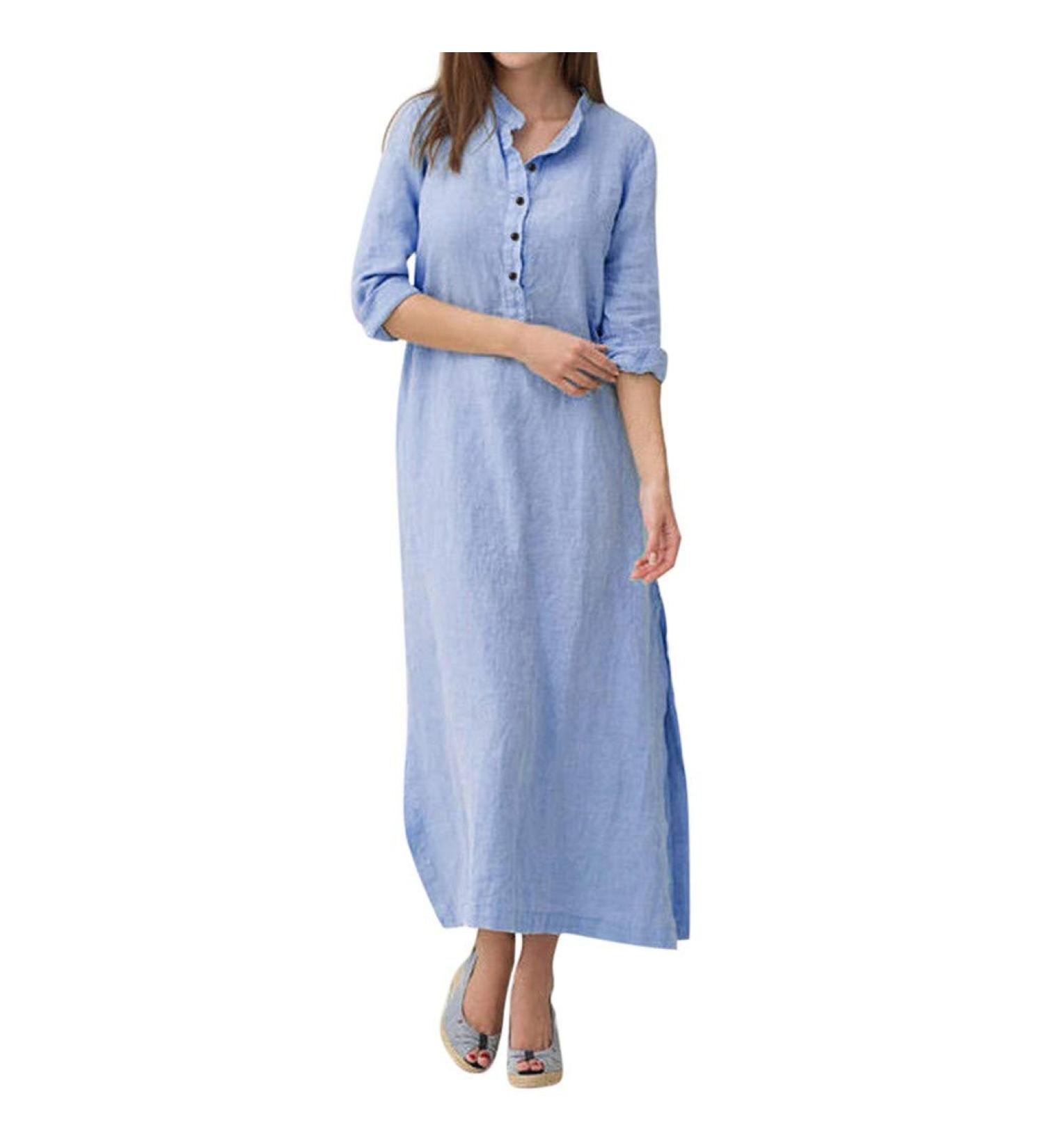 Women's Casual Cotton Linen Maxi Dress - Solid Long Sleeve Shift Dress with Side Split and Button Closure in Blue (X-Large) - Buy Online on GoSupps.com