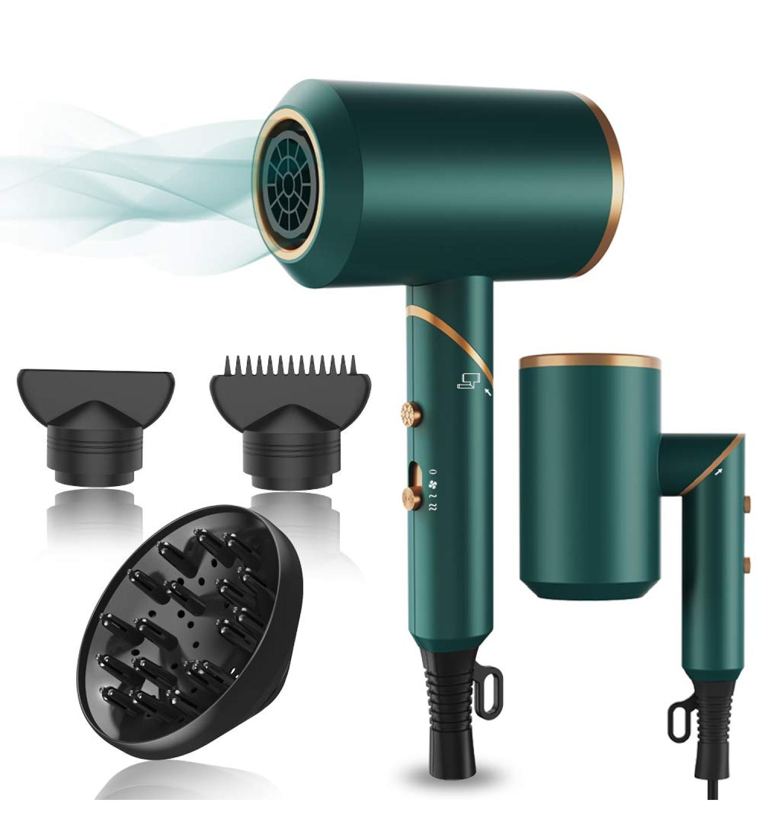 1800W Professional Ionic Hair Dryer with Diffuser and Nozzles - Fast Drying Compact Portable Green Hair Dryer - Buy Online on GoSupps.com