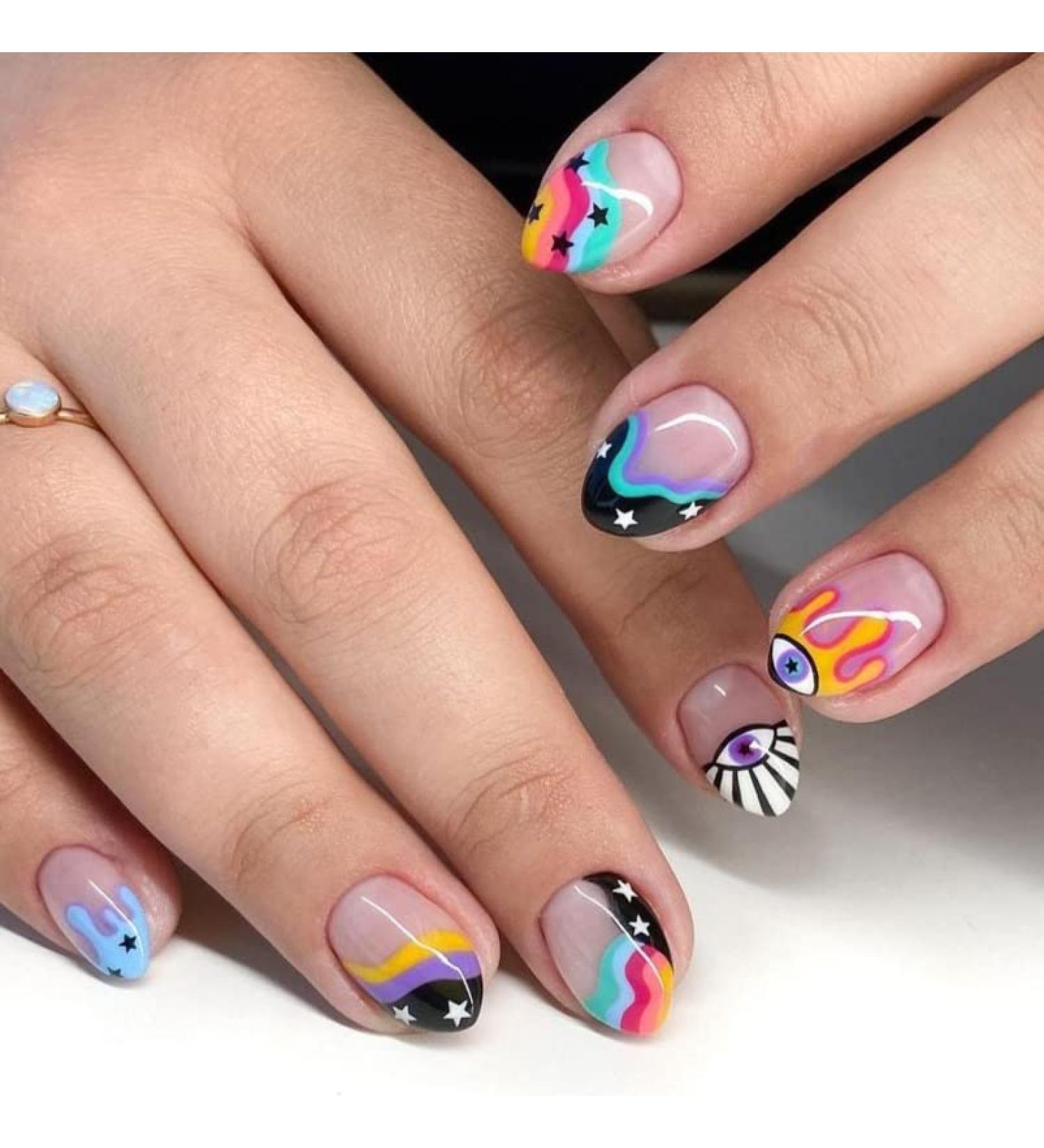 BettyCora Summer Square Press-on Nails Set - 24 Pcs False Nail Kit with Glue and French Design - A15 Cartoon Eyes - 12 Sizes - Buy Online on GoSupps.com
