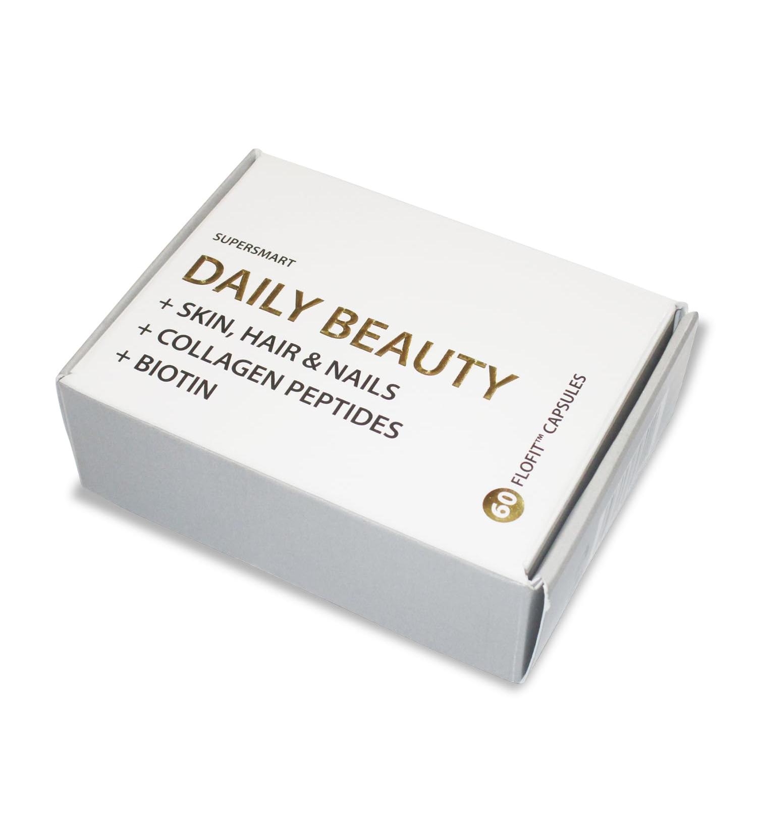 Supersmart - Daily Beauty (Patented & High Potency) - with Verisol Collagen Peptides, Hyaluronic Acid, Soluble Keratin, Biotin | Non-GMO & No fillers & Gluten Free - 60 Flofit Capsules - Buy Online on GoSupps.com