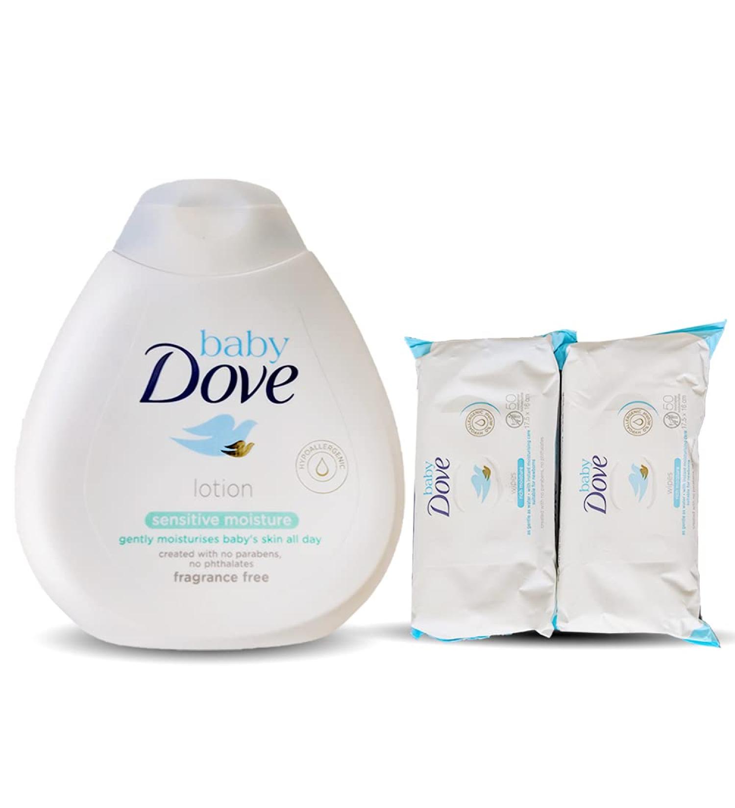Dove Baby Sensitive Moisture Lotion + 2 Rich Moisture Wipes Bundle - 200ml Nourishing Lotion & Water-Based Pamper Wipes for Diaper Sensitive Skin Care - Buy Online on GoSupps.com