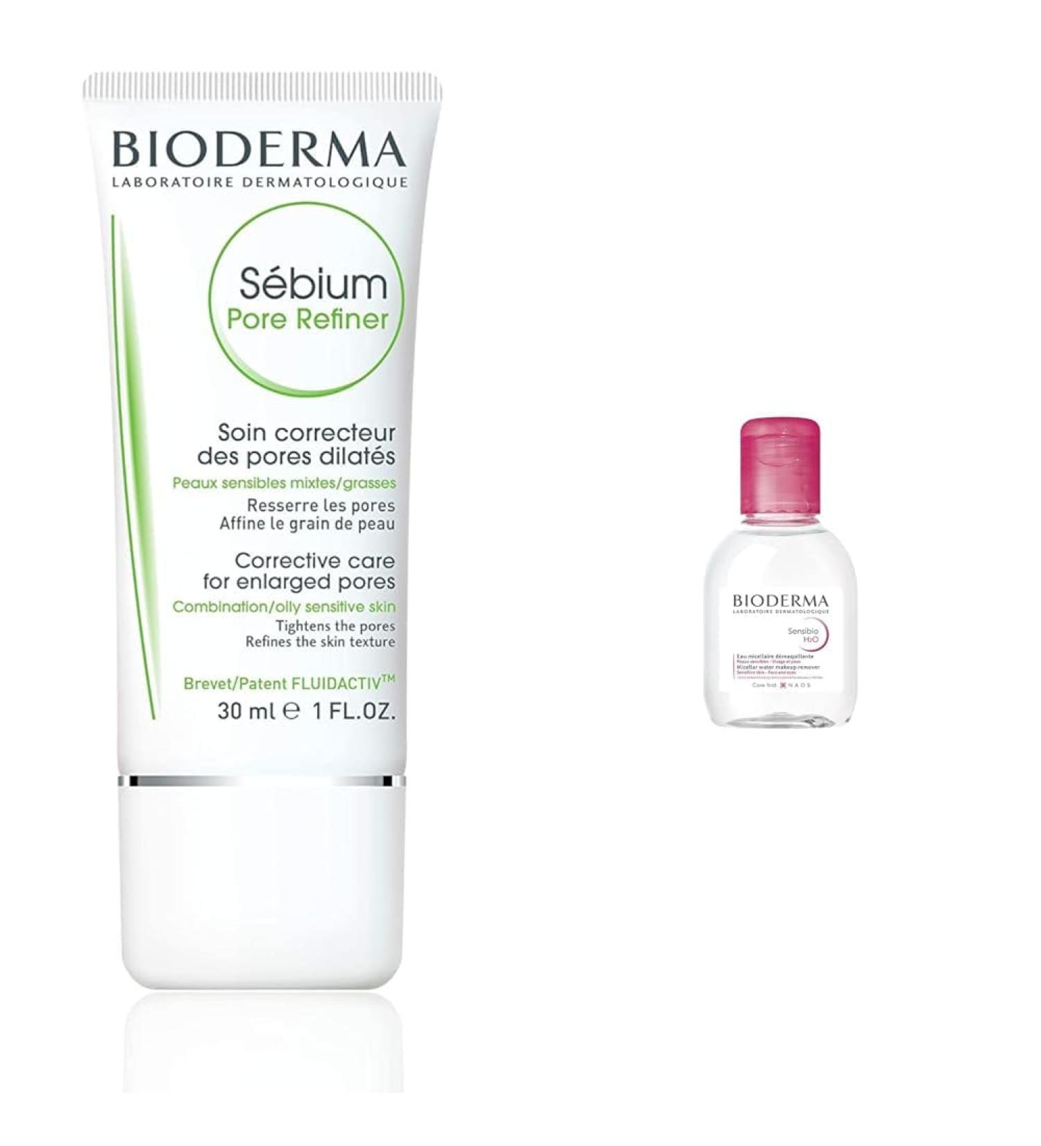 Bundle of Bioderma - S bium - Pore Refiner Cream - Corrective Care for enlarged pores - For Combination to Oily Skin + Sensibio - H2O Micellar Water - Makeup Remover - Face Cleanser for Sensitive Skin