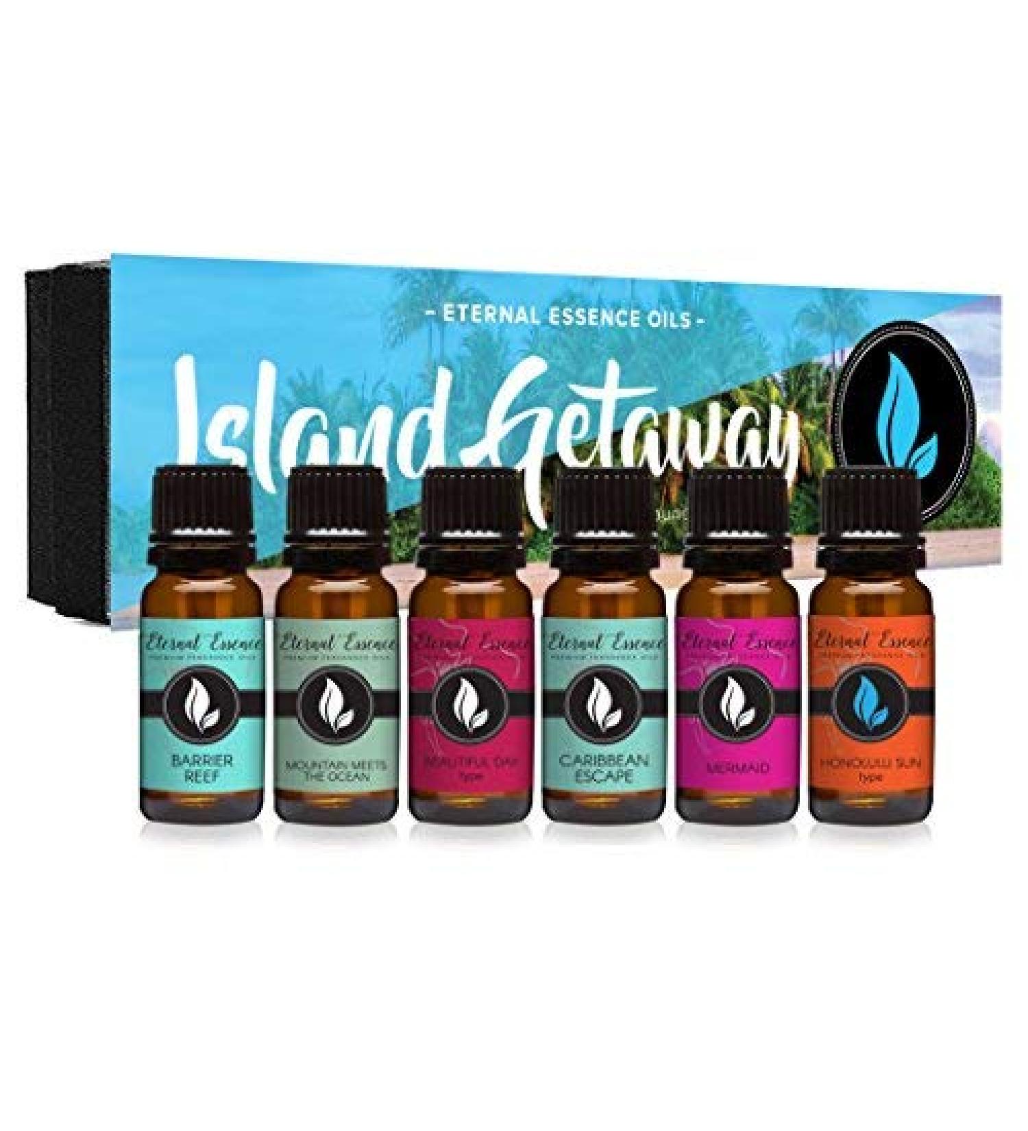 Island Getaway Gift Set of 6 Premium Fragrance Oils - Barrier Reef, Mountain Meets The Ocean, Beautiful Day, Caribbean Escape, Honolulu Sun, Mermaid - Eternal Essence Oils