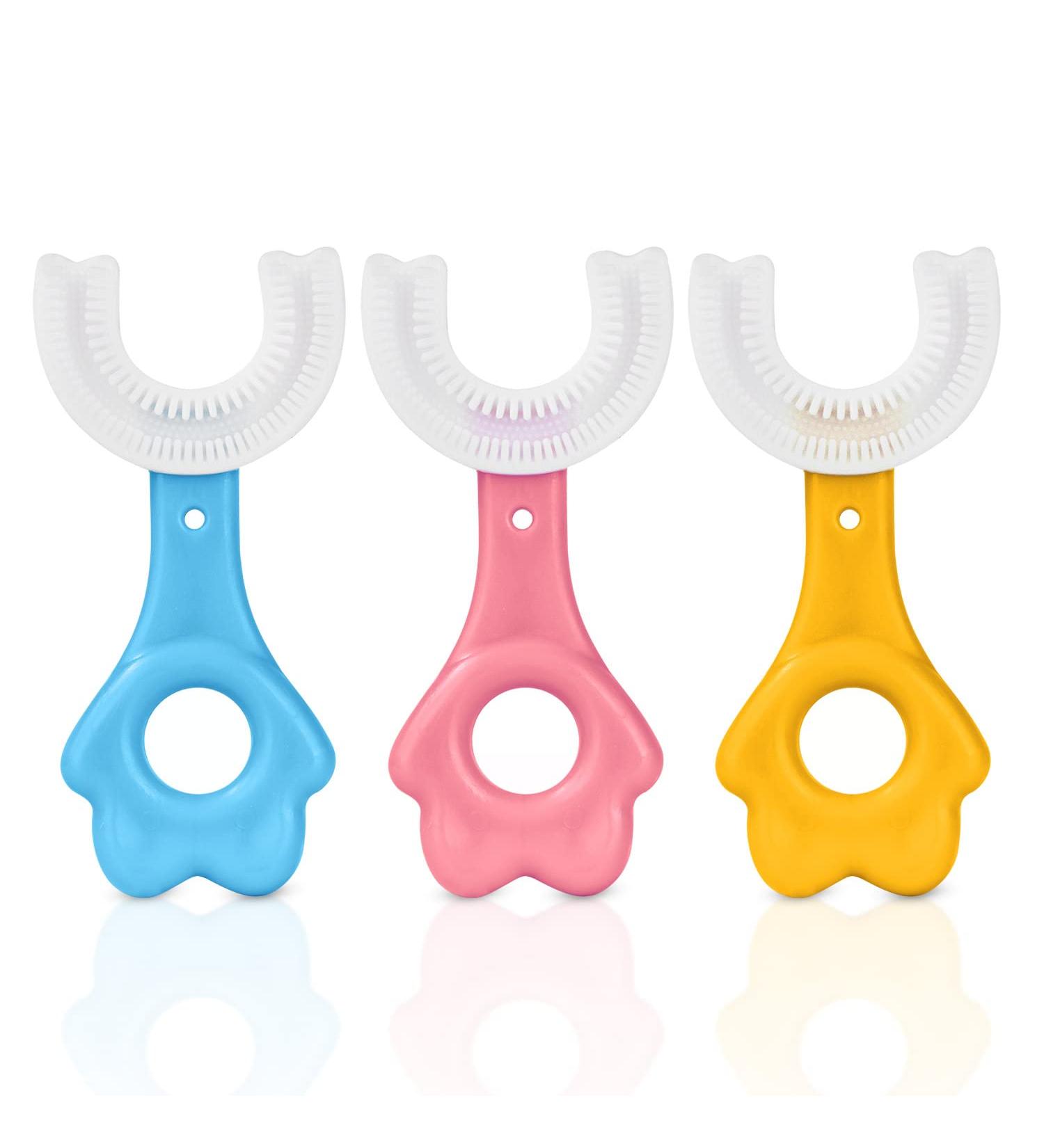 Vicloon Kids U Shaped Toothbrush 3 Pack - Soft Silicone Brush Head - Short Bear Handle - Ages 2-6 - Blue/Pink/Yellow - Buy Online on GoSupps.com