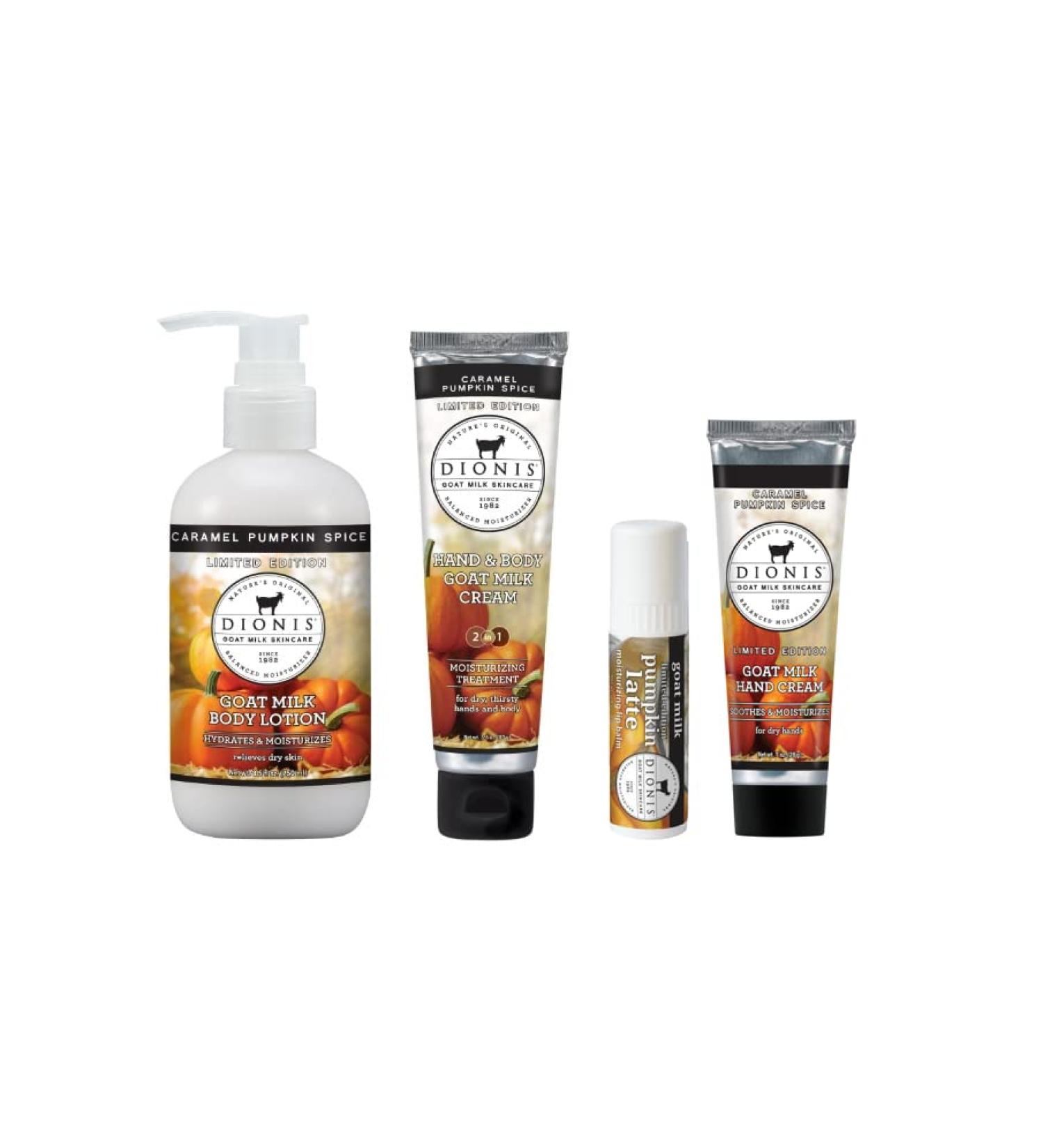 Dionis Goat Milk Skincare - Fall Favorites Bundle Includes Caramel Pumpkin Spice Scented Lotion (8.5 oz) Hand & Body Cream (3.3oz) & Hand Cream + Lip Balm Set (1 oz and .28 oz) - Buy Online on GoSupps.com