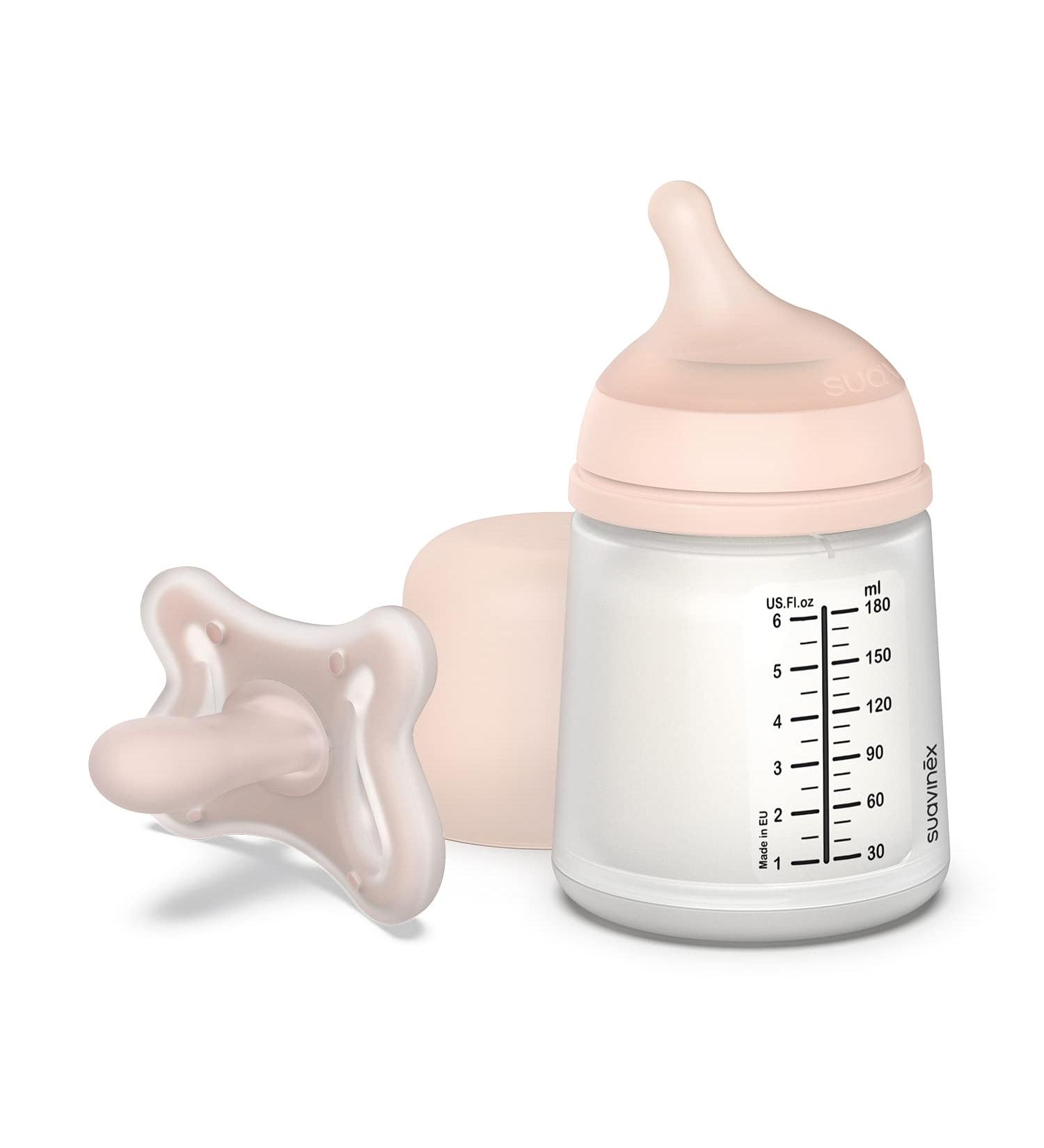 Suavinex Zerozero Baby Bottle Set - 180 ml Adaptable Flow + Mini Pacifier for 0-2 Month Olds - 2 Units in Skin Colors | International Shipping - Buy Online on GoSupps.com