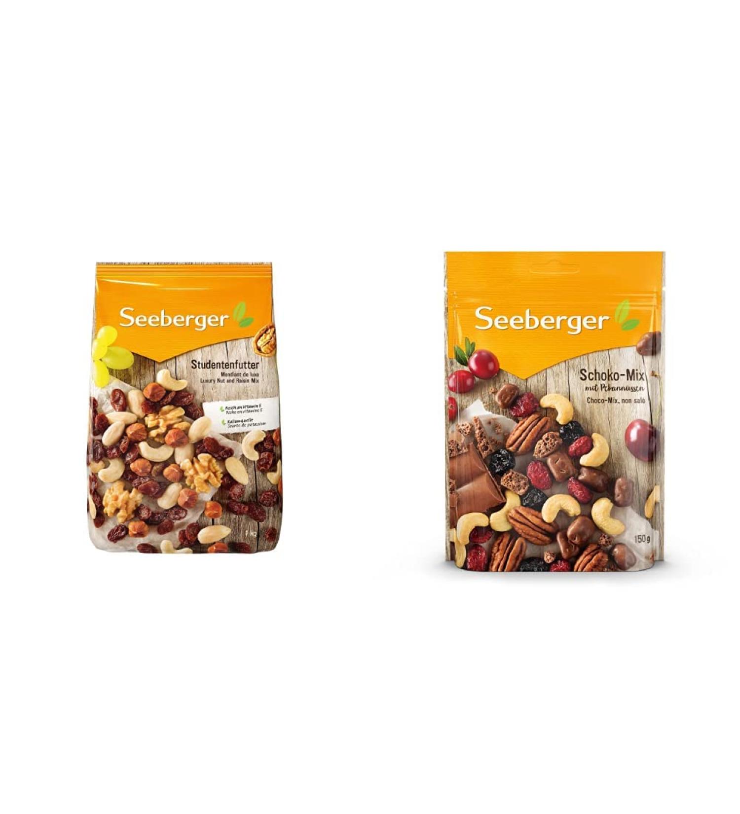 Seeberger Student Food Bundle: Classic Nut-Fruit Mix with Hazelnuts & Unique Chocolate Mixture with Pecans | 1kg + 150g Ideal for International Shipping - Buy Online on GoSupps.com