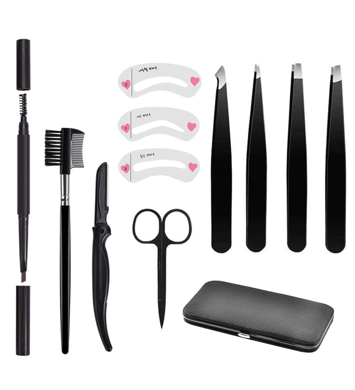12-Part Eyebrow Tweezers Set - Complete Eyebrow Care Kit with Scissors Brush & Portable Case for Beginners & Professionals - International Shipping Available - Buy Online on GoSupps.com
