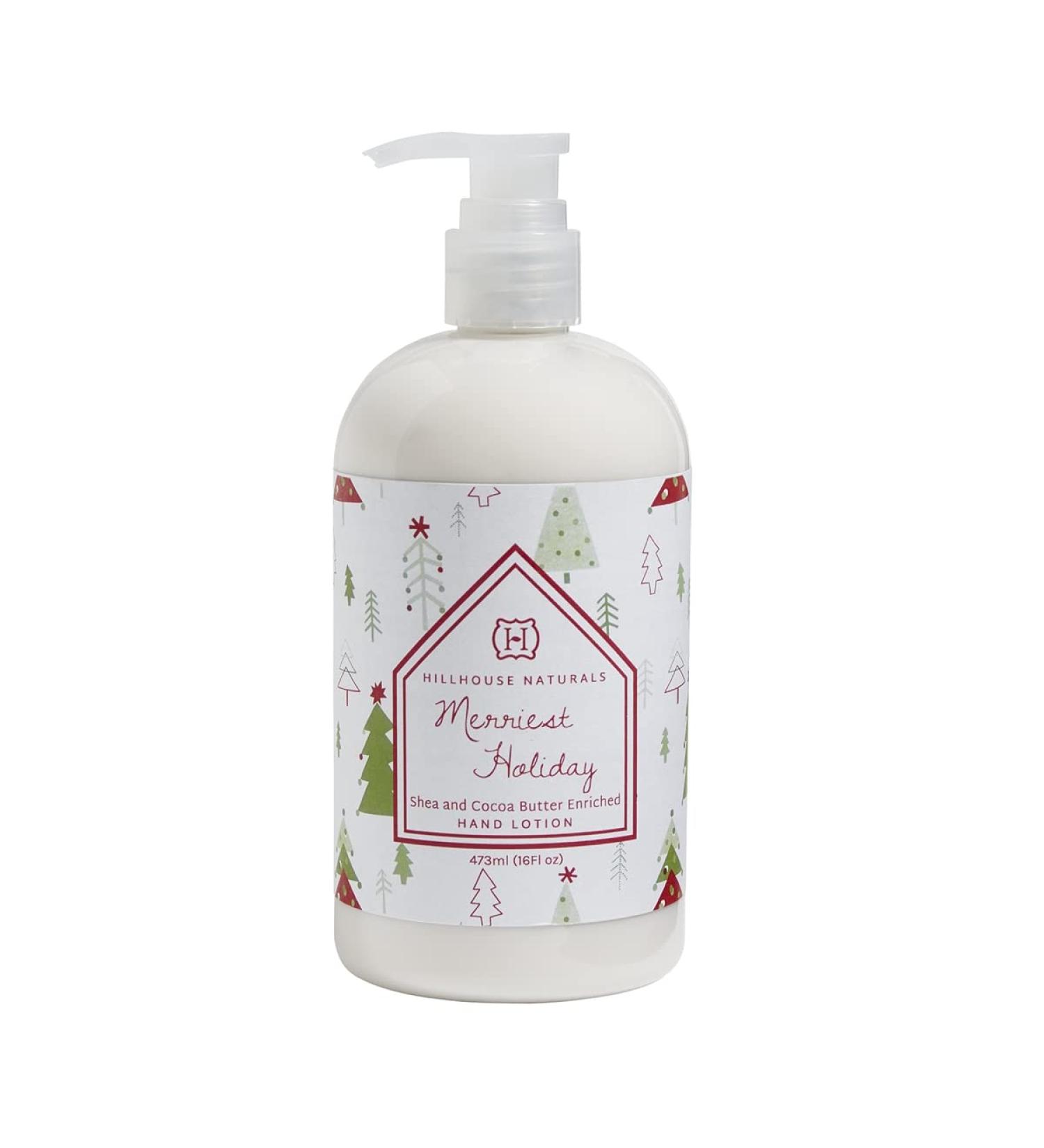 Hillhouse Naturals 16oz Merriest Holiday Hand Lotion. With scents of pine and eucalyptus this earthy and woody fragrance. Made in the USA