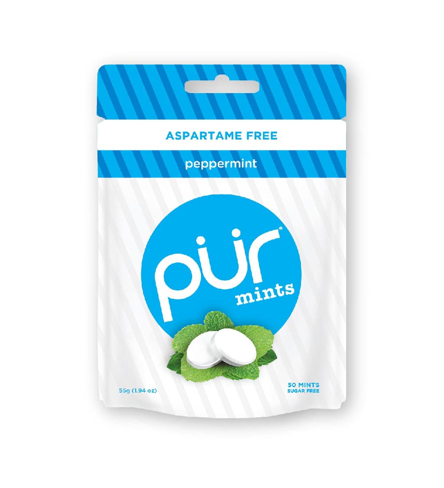 PUR Peppermint Sugar-Free Mints with Xylitol, Aspartame-Free, Gluten-Free, Vegan & Keto Friendly - 50 Pieces - Buy Online on GoSupps.com