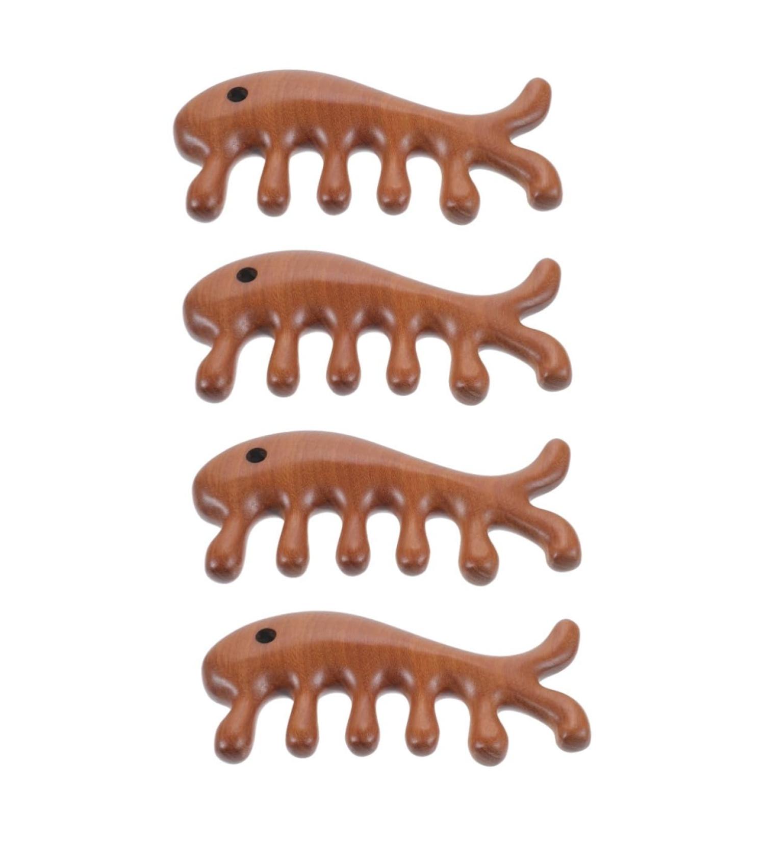 Healeeved 4-Piece Fish Massage Comb Set | Gua Sha Facial Tool for Men & Women | Wooden Ridge Combs for Curly Hair | Golden Sandalwood Massage Sticks - Buy Online on GoSupps.com