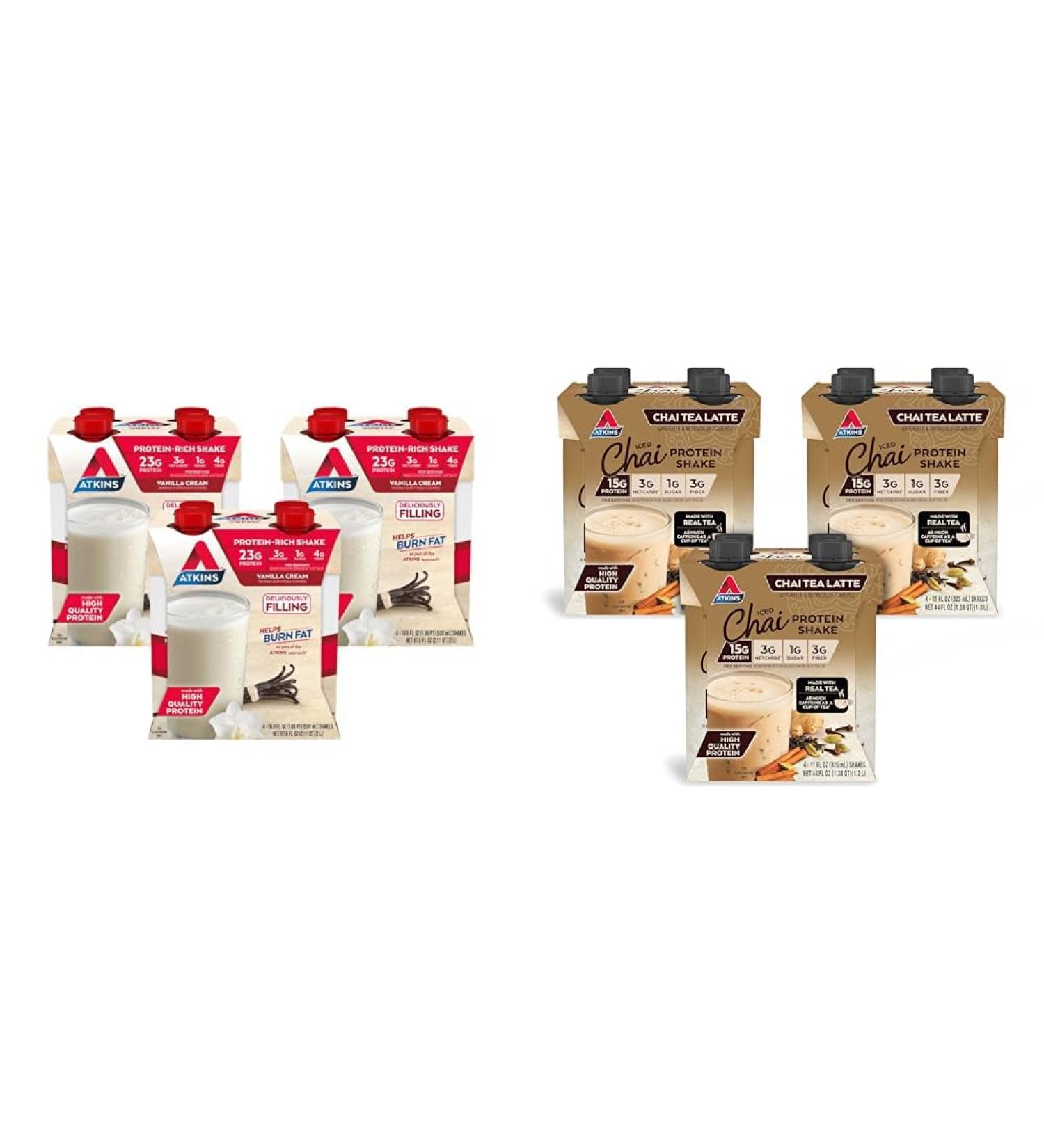 Atkins Vanilla Cream & Chai Tea Latte Protein Shake Bundle 23g & 15g Protein Low Glycemic 3g Net Carb Keto Friendly - Buy Online on GoSupps.com