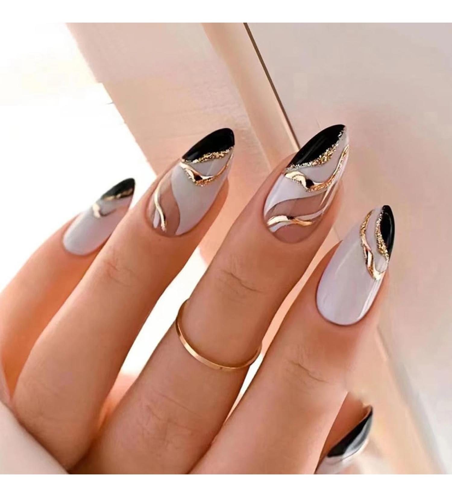 Shop Stylish Almond Short Medium Black & White Press on Nails with Gold Curve Design - Perfect for Weddings & Birthdays | Gel Glue Included - Buy Online on GoSupps.com