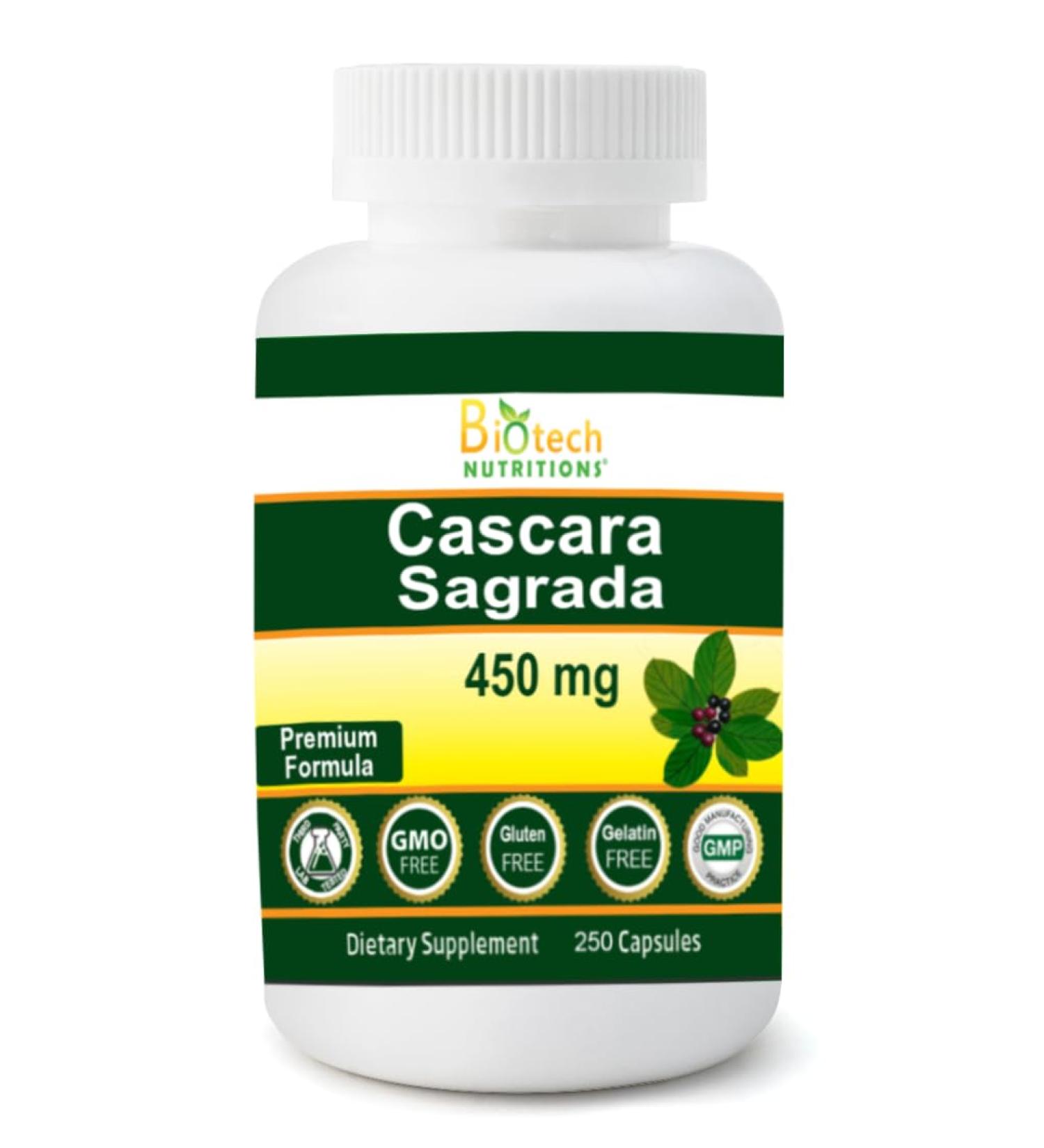 Biotech Nutritions Cascara Sagrada 450mg - 250 Veg Capsules | Natural Digestive Support - Buy Online on GoSupps.com
