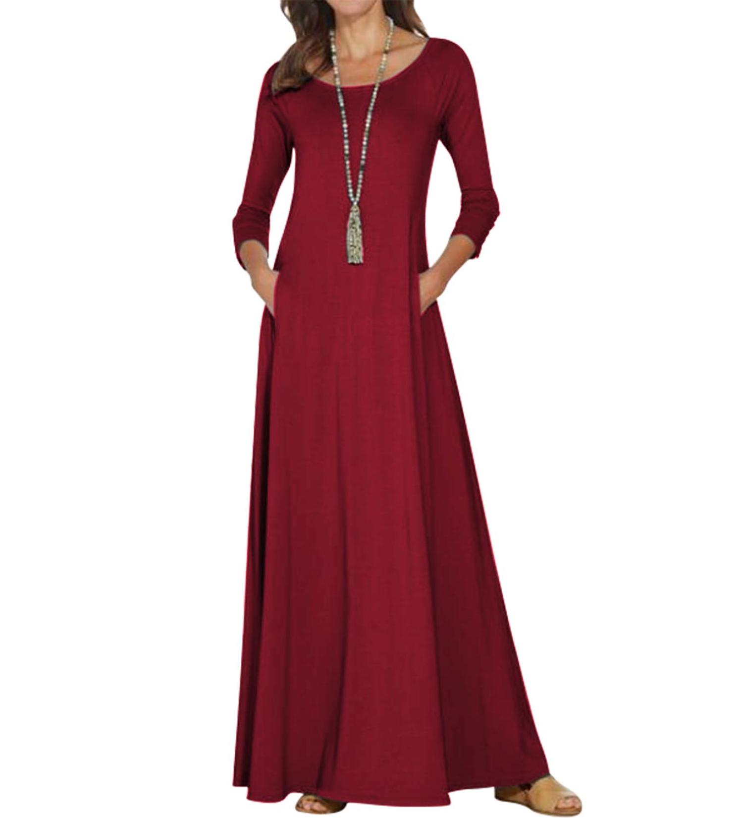 Jacansi Women's Long Sleeve Maxi Dress - Casual Boat Neck with Pockets - Wine Red - Buy Online on GoSupps.com