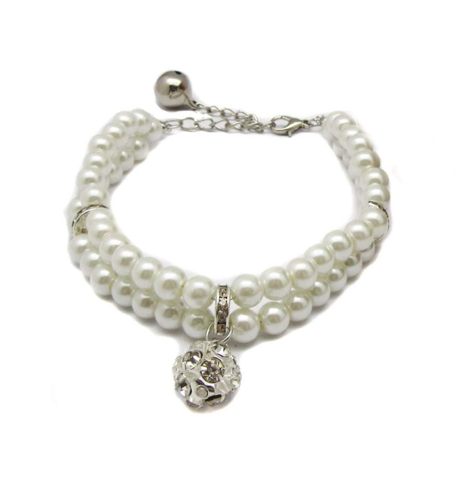 PETFAVORITES Luxury 2 Row Pearls Rhinestones Pet Cat Dog Necklace Collar Jewelry with Bling Crystal Ball Charm Pendant for Pets Cats Small Dogs Female Puppy Chihuahua Yorkie Girls Costume Outfits Neck Size:8"-10" White
