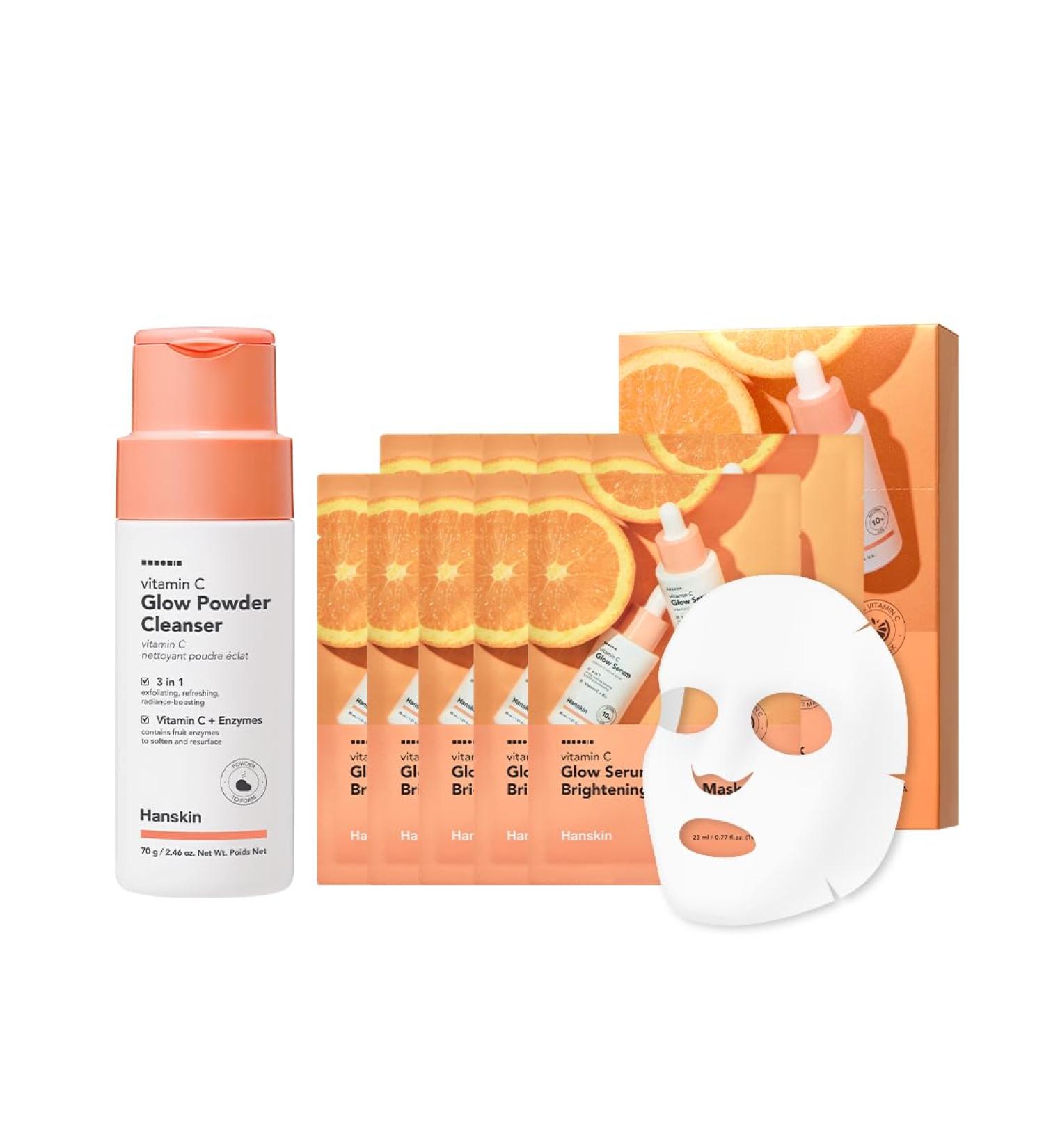 Hanskin Vitamin C Glow Duo Powder Facial Cleanser & Sheet Mask Set | Gentle Exfoliation Hydration & Radiant-Looking Skin | Korean Skincare Routine for Dull Dry & Sensitive Skin K-Beauty - Buy Online on GoSupps.com