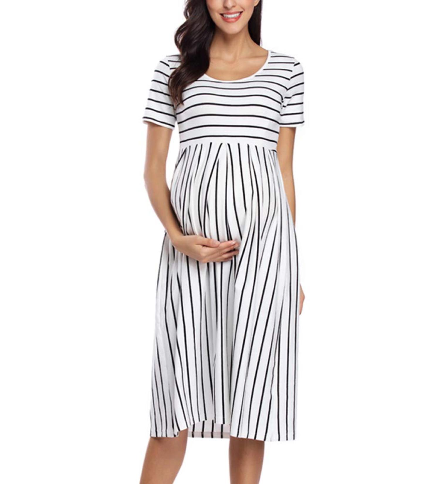 Love2Mi Short-Sleeve Maternity Dress - A-Line Midi Dress for Pregnant Women - S White Black Stripe - Buy Online on GoSupps.com