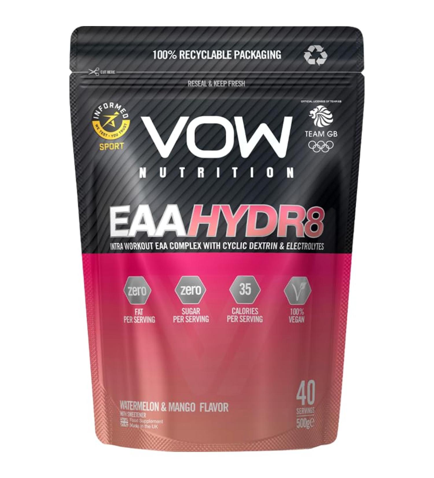 Vow EAA Hydr8 - Intra Workout Drink with Essential Amino Acids, Electrolytes, BCAAs, Cyclic Dextrin - Watermelon and Mango Flavor - Informed Sports Certified - Buy Online on GoSupps.com