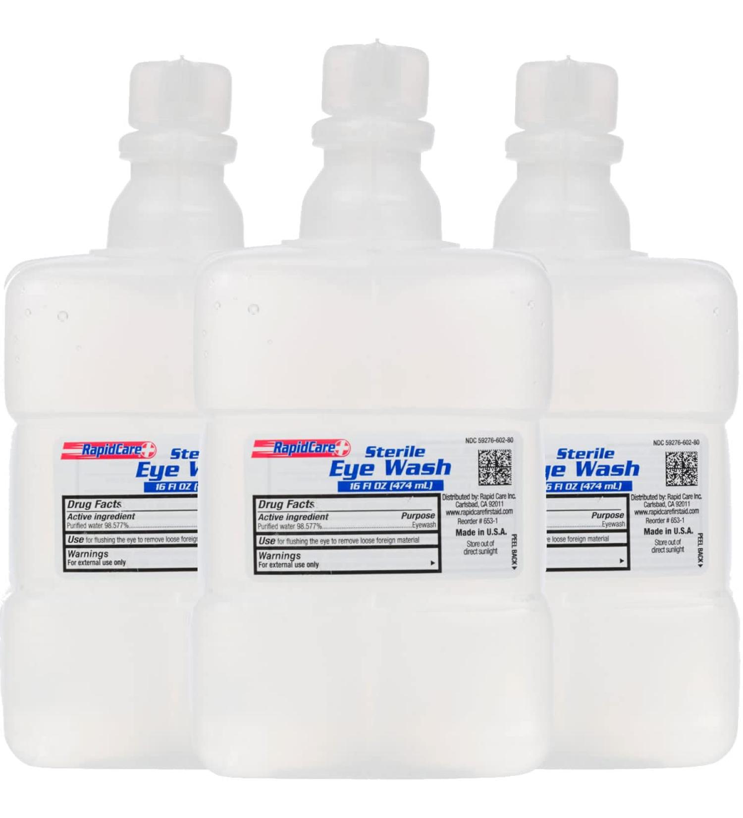Rapid Care First Aid 653-3 Sterile Saline Isotonic Eye Wash Solution 16 oz, FDA Compliant, Pack of 3