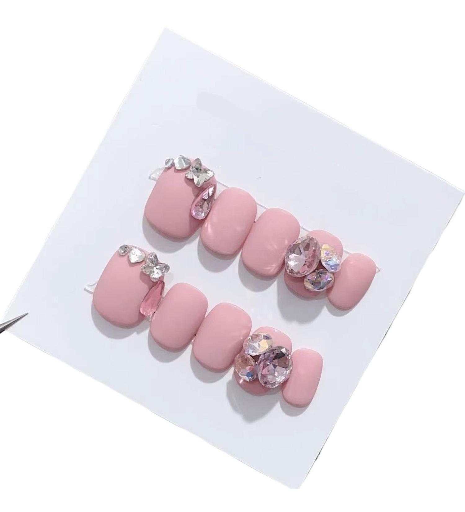 Pink pile diamond manicure handcrafted nail patches wearable manicure removable fake nails(S)