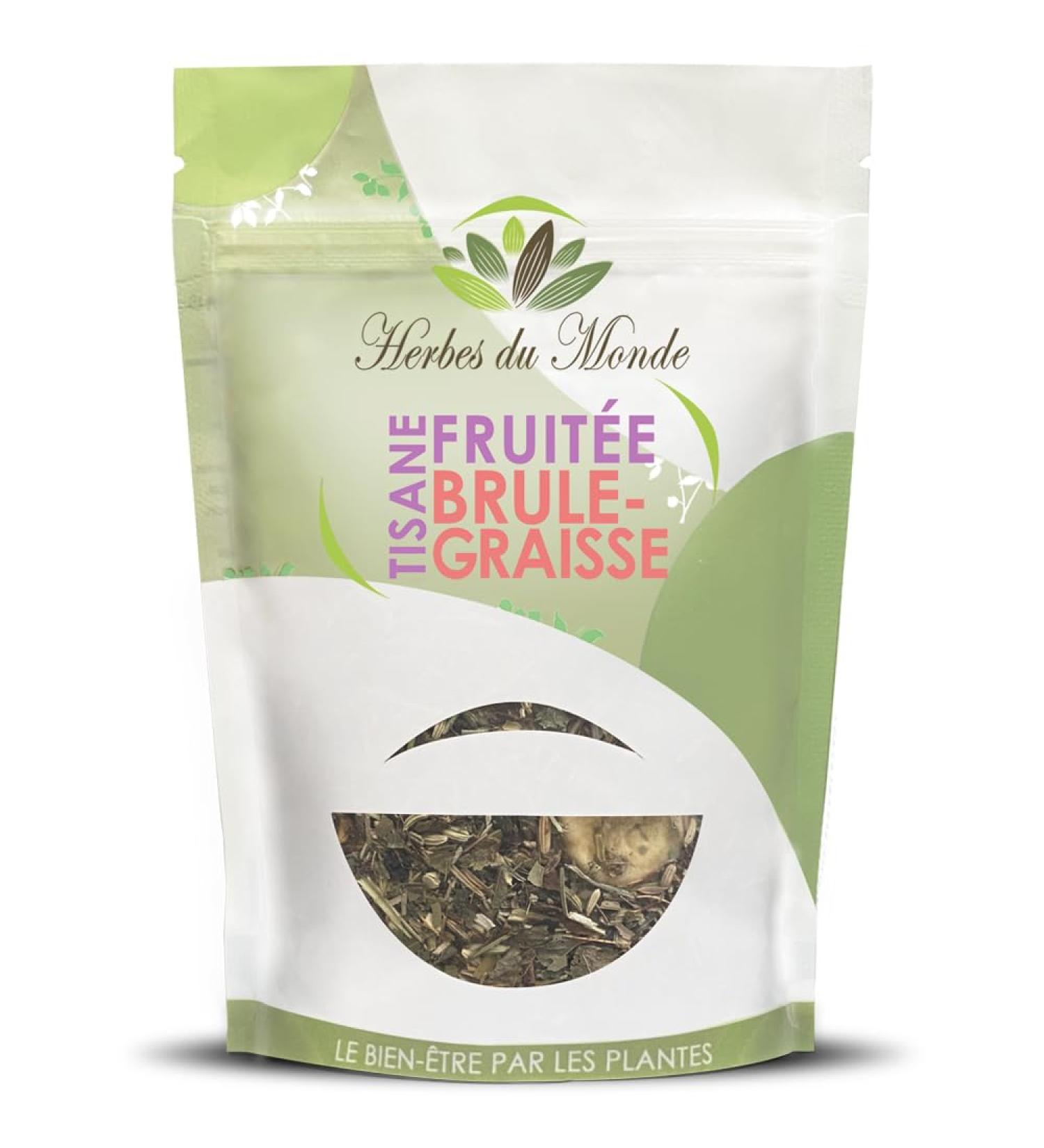 Herbes du Monde - Fat Burning Fruity Herbal Tea - Dried Leaves and Fruit - Slimming Infusion with Fruity Green Tea - Slimming Herbal Tea, Fat Burn, Wellness and Detox - 1 bag of 100g