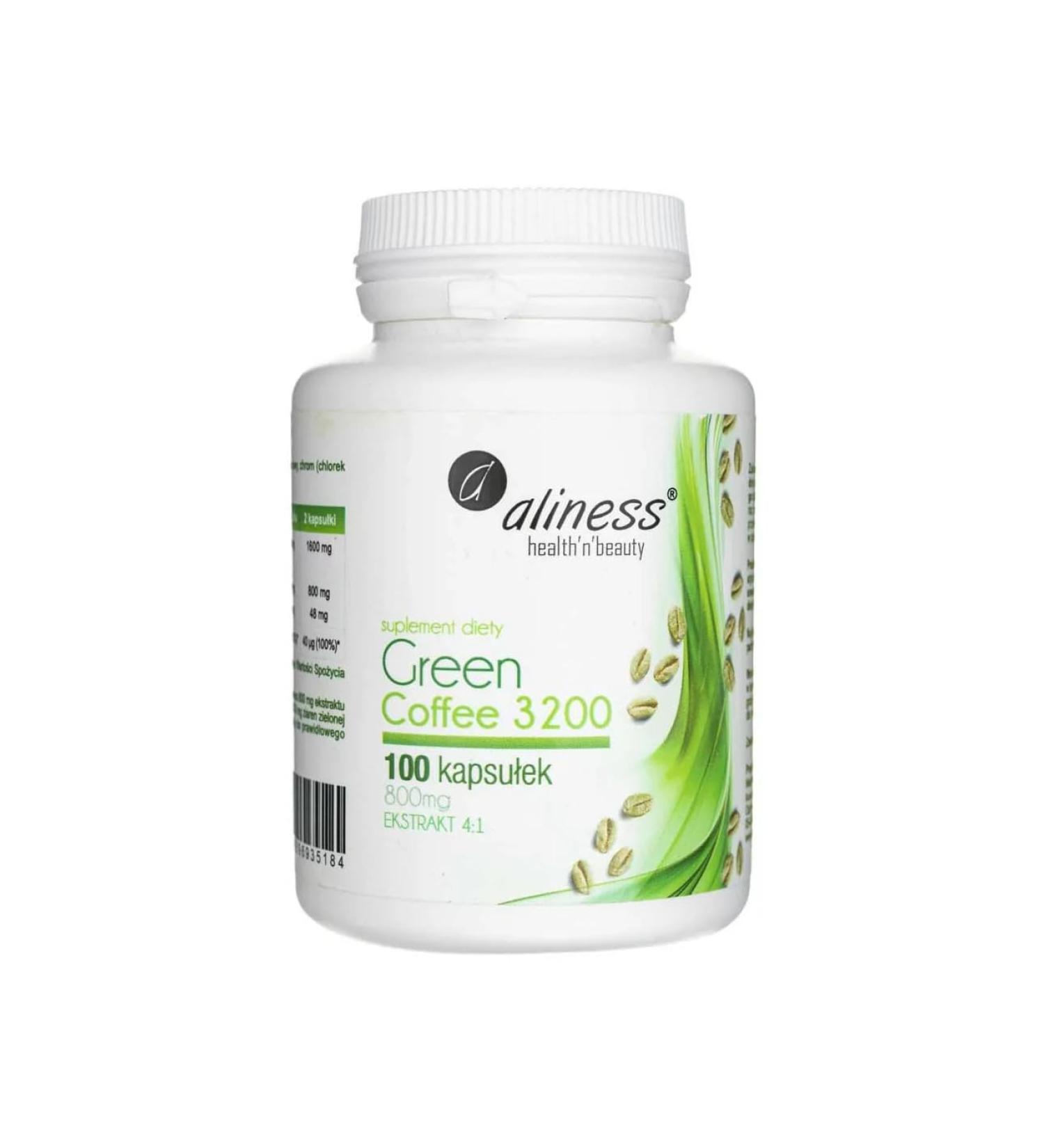 Aliness Green Coffee 3200 - 800mg 4:1 Extract Dietary Supplement - 100 Capsules for Weight Loss & Energy - Buy Online on GoSupps.com