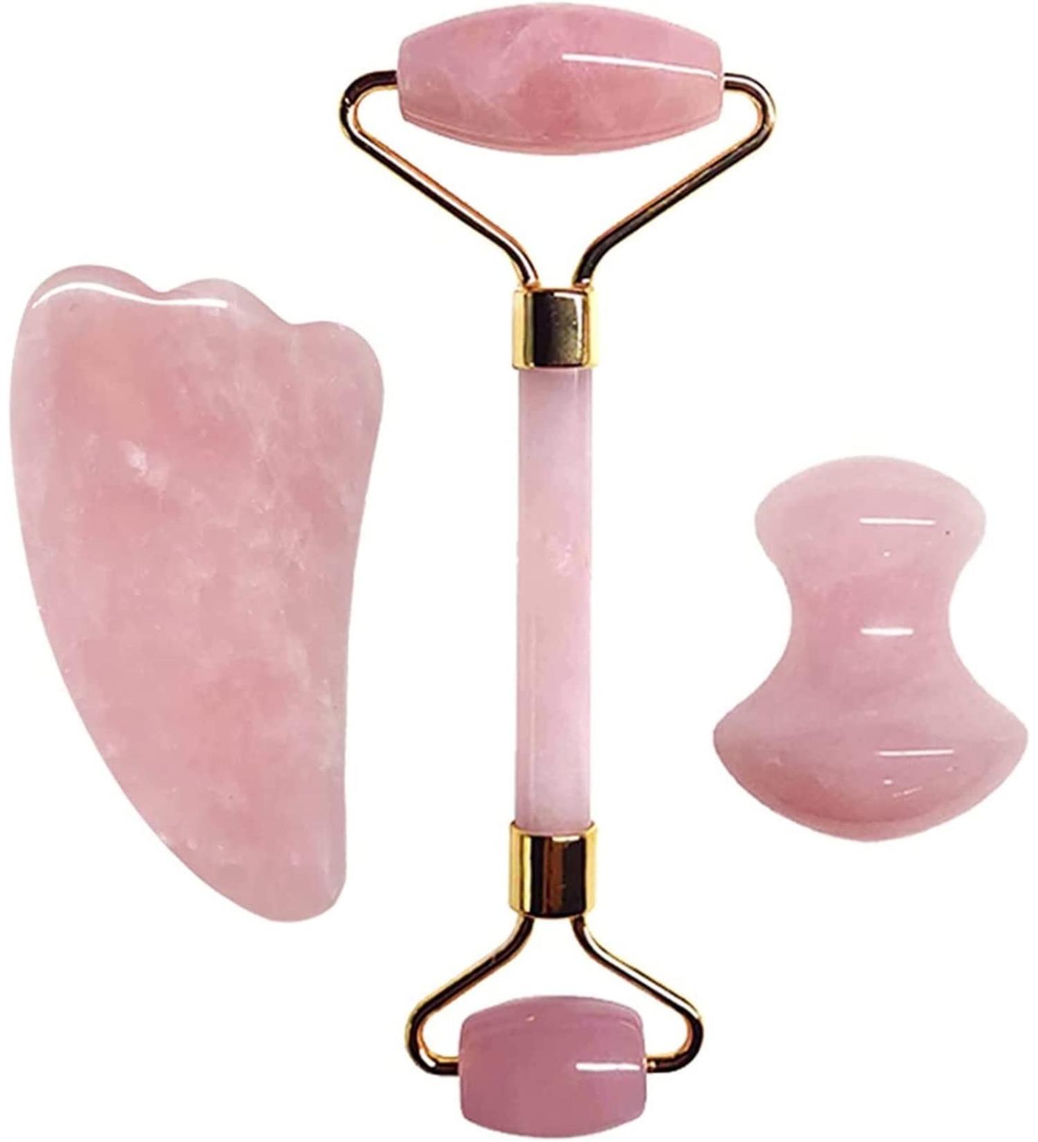 Buy MESKEL Rose Quartz Gua Sha Scraper Board | Natural Jade Roller Facial Massage Tool Set - International Shipping Available - Buy Online on GoSupps.com