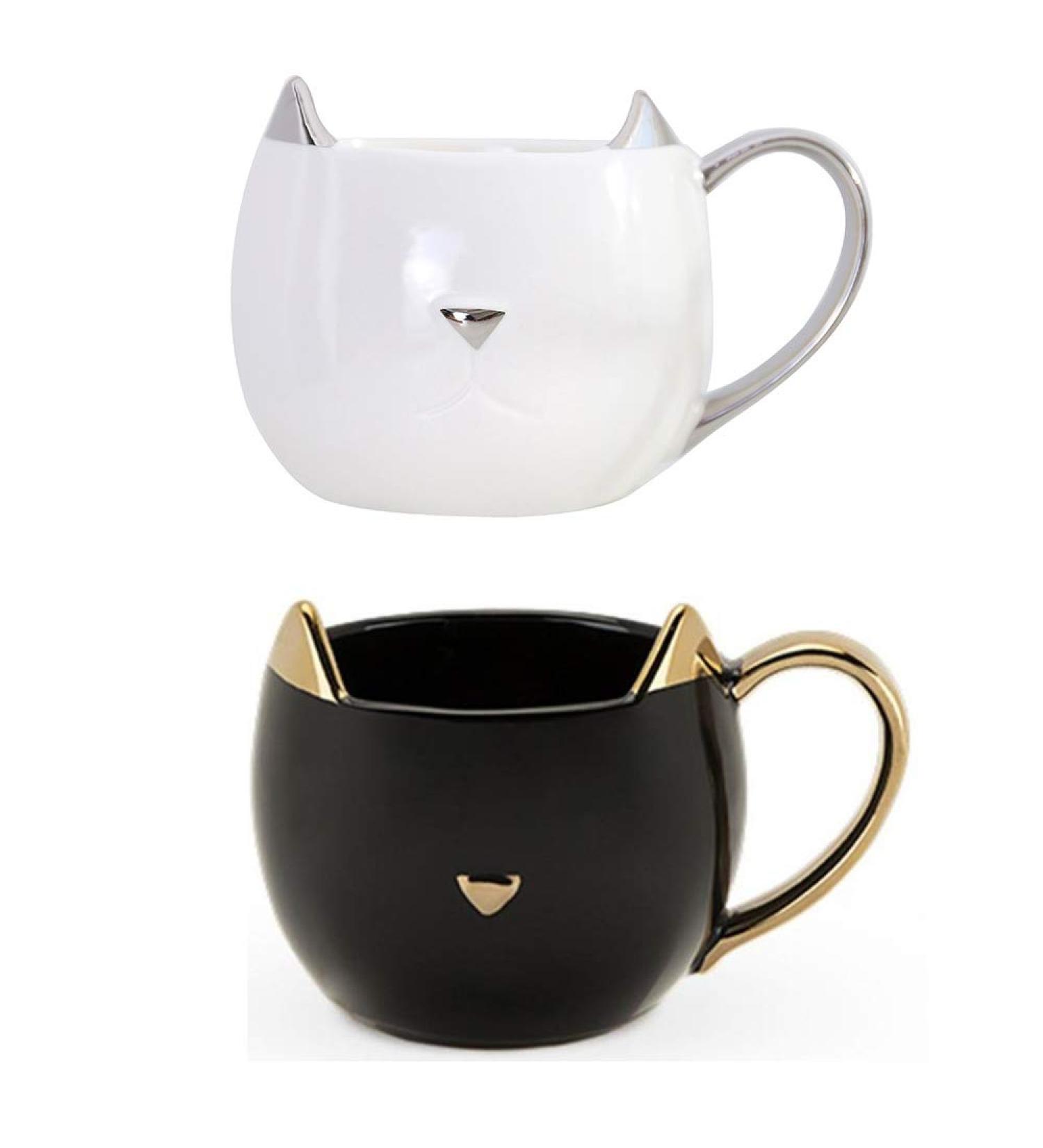 YJ 3D Cat Ear Ceramic Mug - Cute Cat Coffee Cup with Gold & Silver Handles | Perfect Gift for Cat Lovers | 2-Piece Set - Buy Online on GoSupps.com