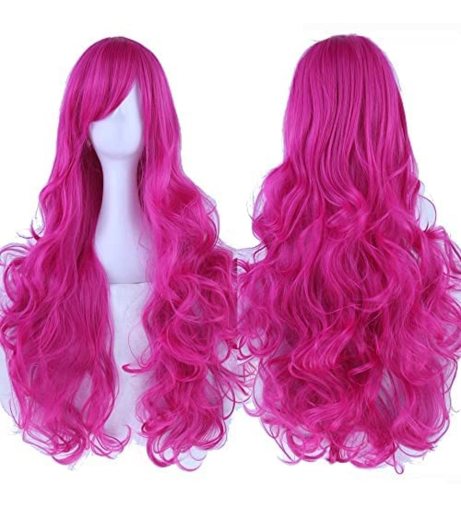 IMISSU 80cm Long Curly Natural Hair Cosplay Wig with Bangs Colorful Halloween Costume Party Wigs for Women (Rose)