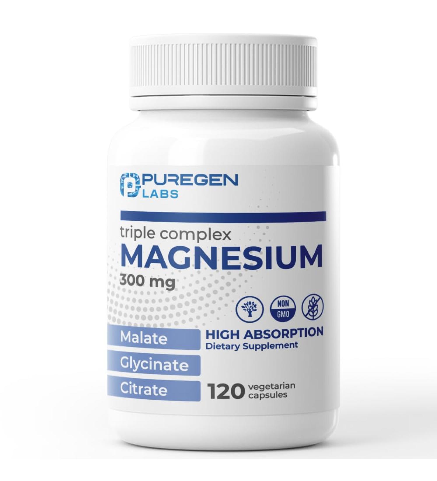 Puregen Labs Triple Magnesium Complex 300mg of Magnesium Glycinate Malate & Citrate High Absorption 120 Veg Capsules | No Harmful Additives | Non-GMO NO Gluten and Dairy - Buy Online on GoSupps.com